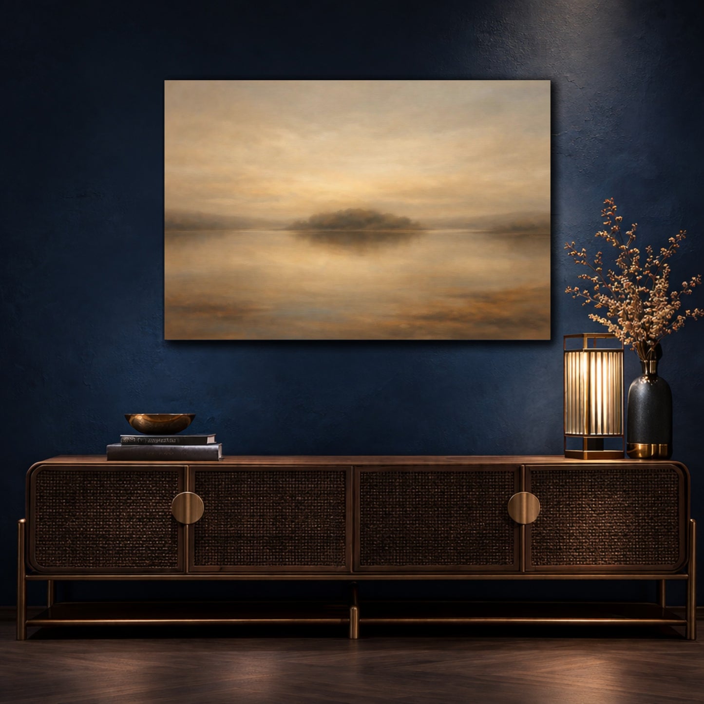 Mockup 4. Nature Misty Lake Golden Brown Lake shown as stretched canvas wall art