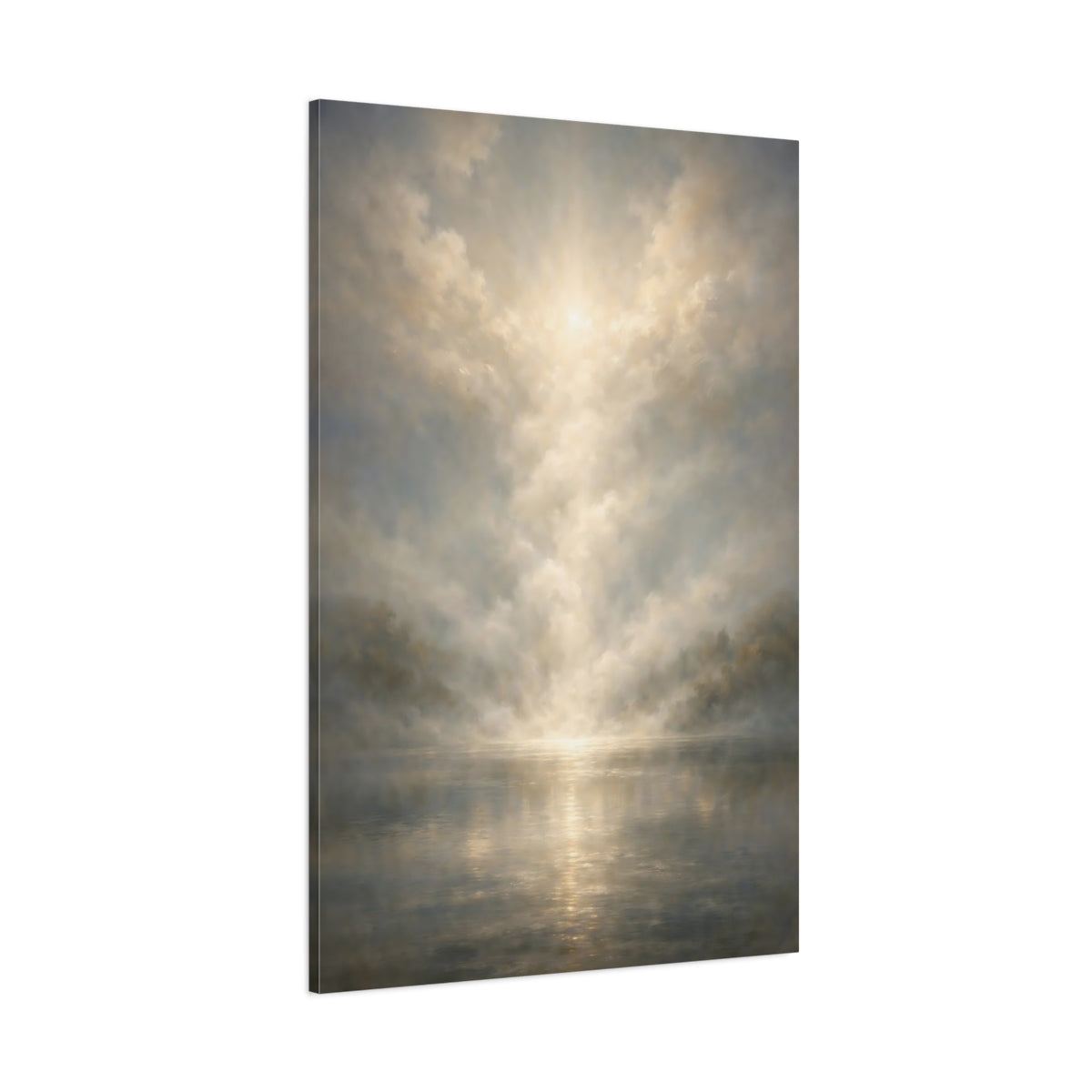 Main Mockup. Nature Misty Lake Golden Haze shown as stretched canvas wall art