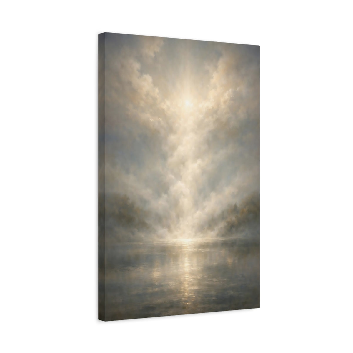 Side Mockup 3. Nature Misty Lake Golden Haze shown as stretched canvas wall art