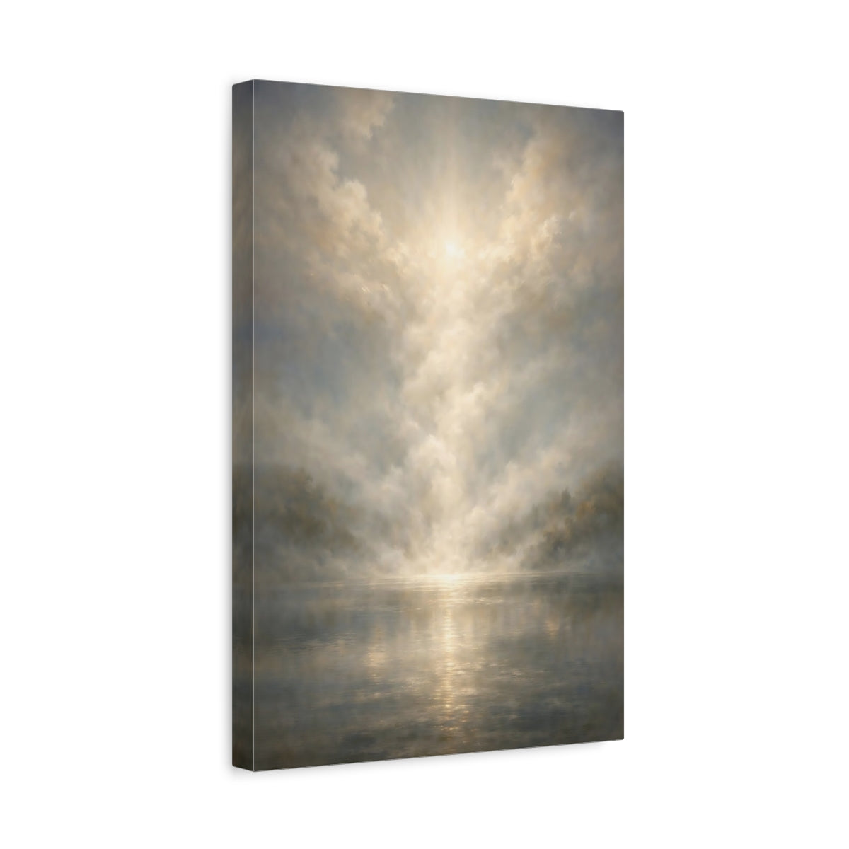 Side Mockup 4. Nature Misty Lake Golden Haze shown as stretched canvas wall art