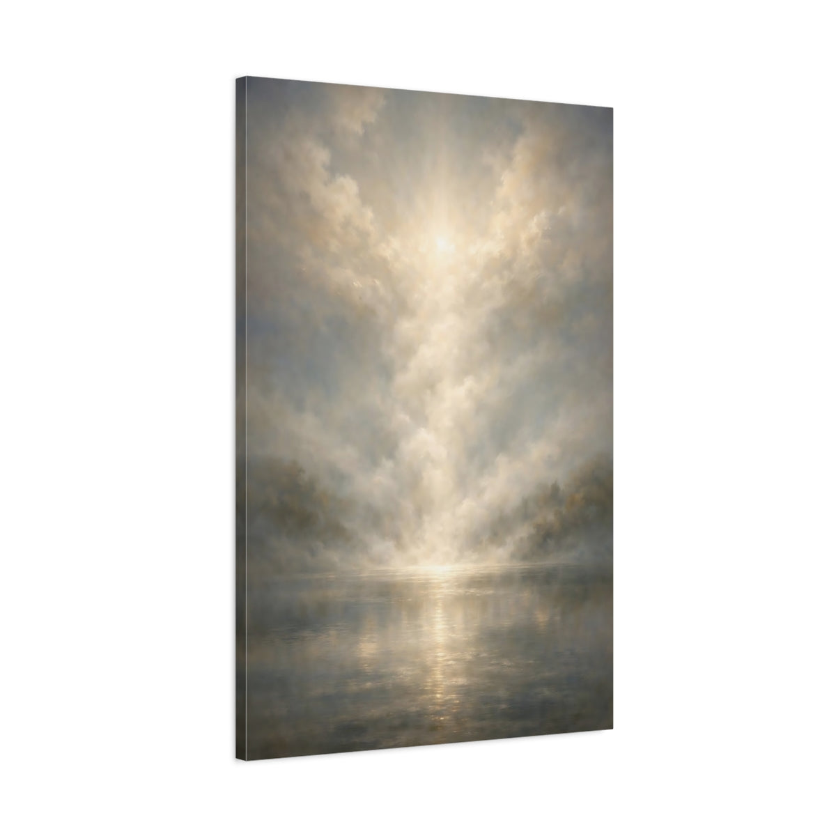 Side Mockup 1. Nature Misty Lake Golden Haze shown as stretched canvas wall art