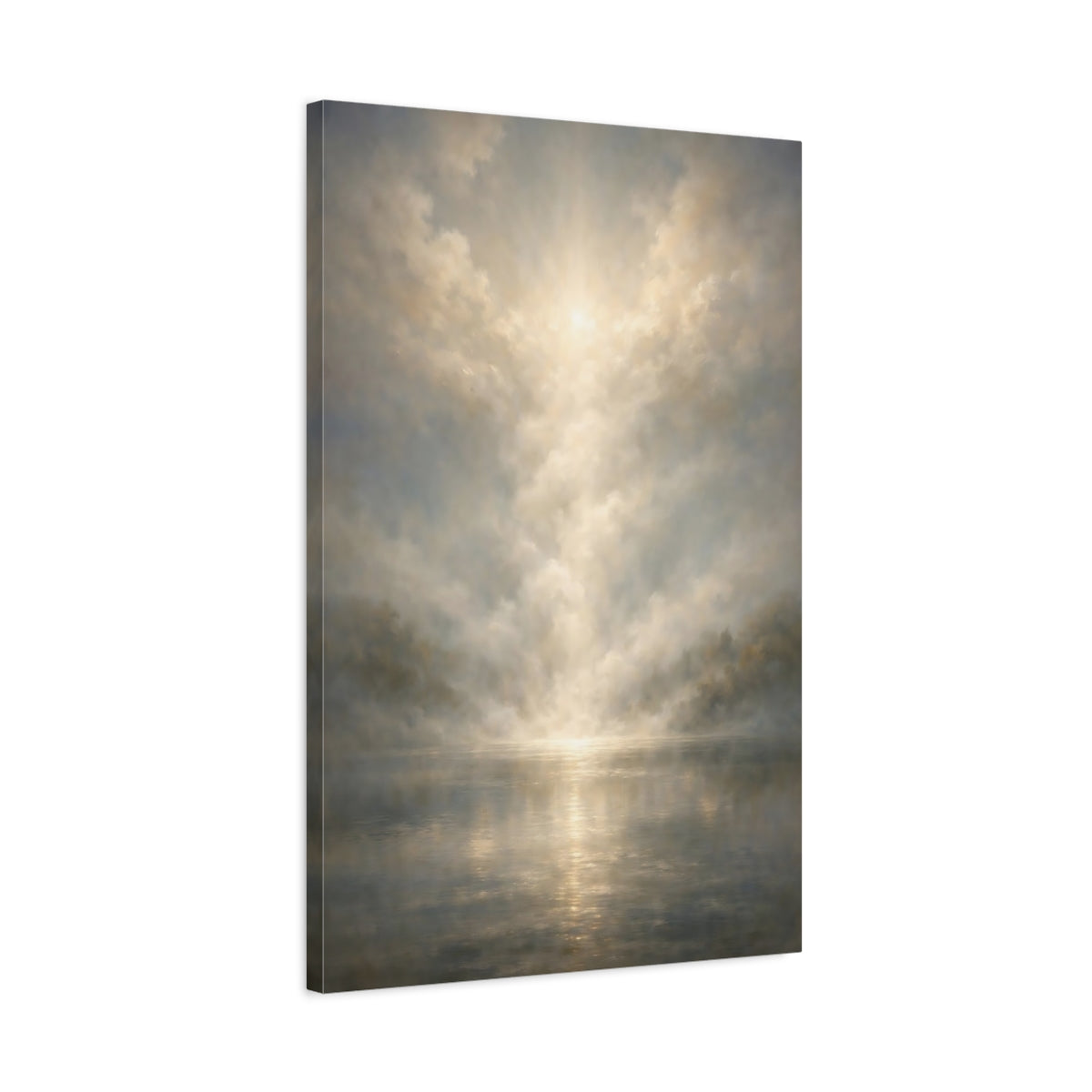 Side Mockup 2. Nature Misty Lake Golden Haze shown as stretched canvas wall art