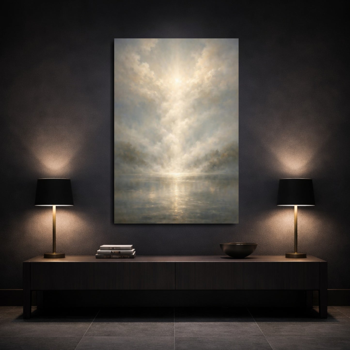 Mockup 2. Nature Misty Lake Golden Haze shown as stretched canvas wall art
