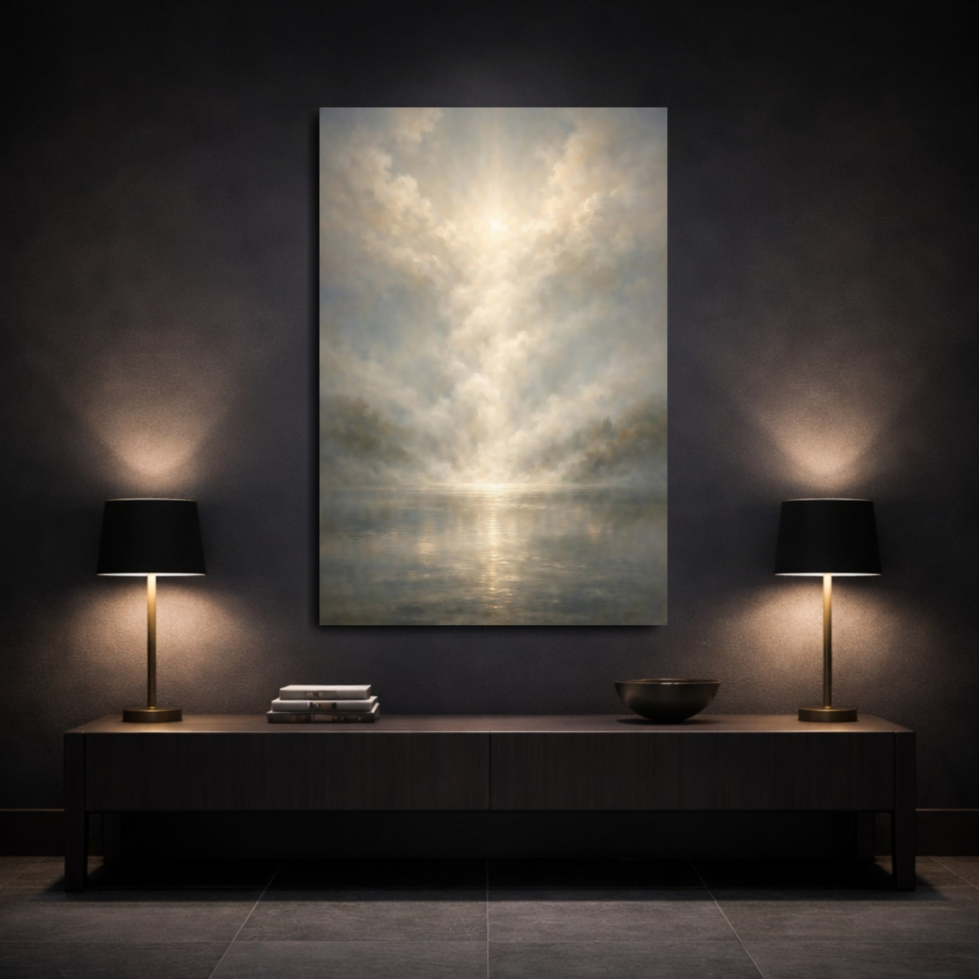 Mockup 2. Nature Misty Lake Golden Haze shown as stretched canvas wall art