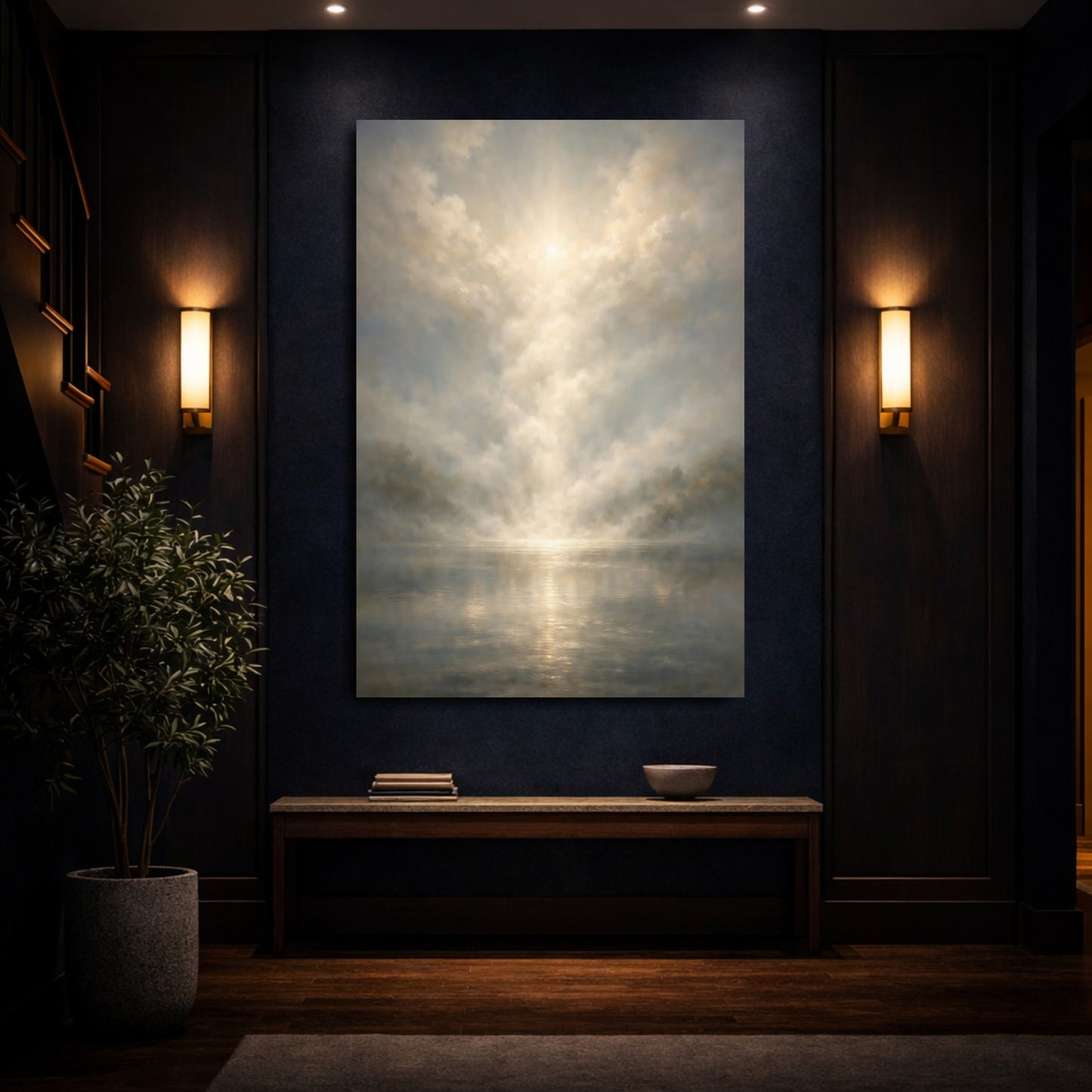 Mockup 3. Nature Misty Lake Golden Haze shown as stretched canvas wall art