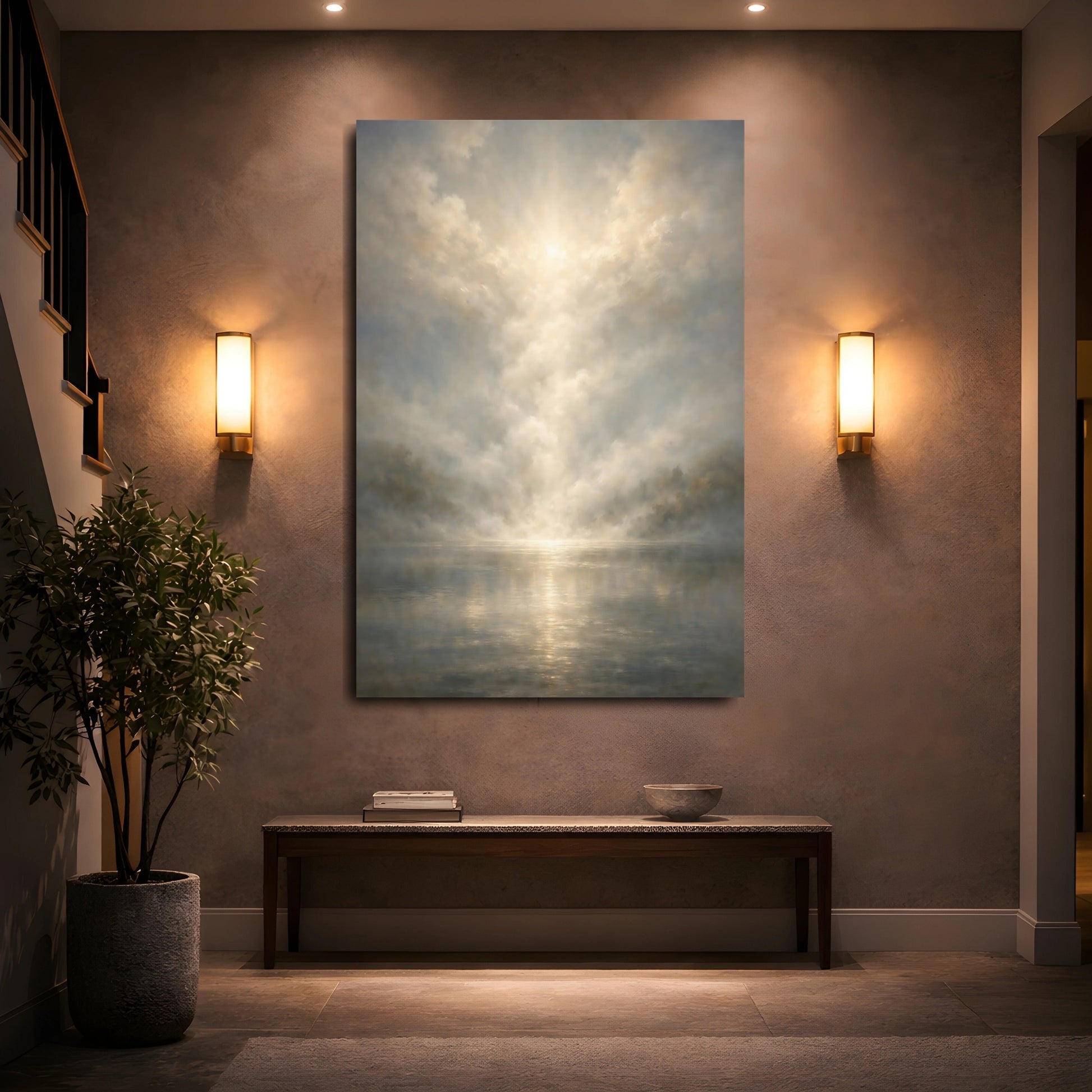 Mockup 4. Nature Misty Lake Golden Haze shown as stretched canvas wall art