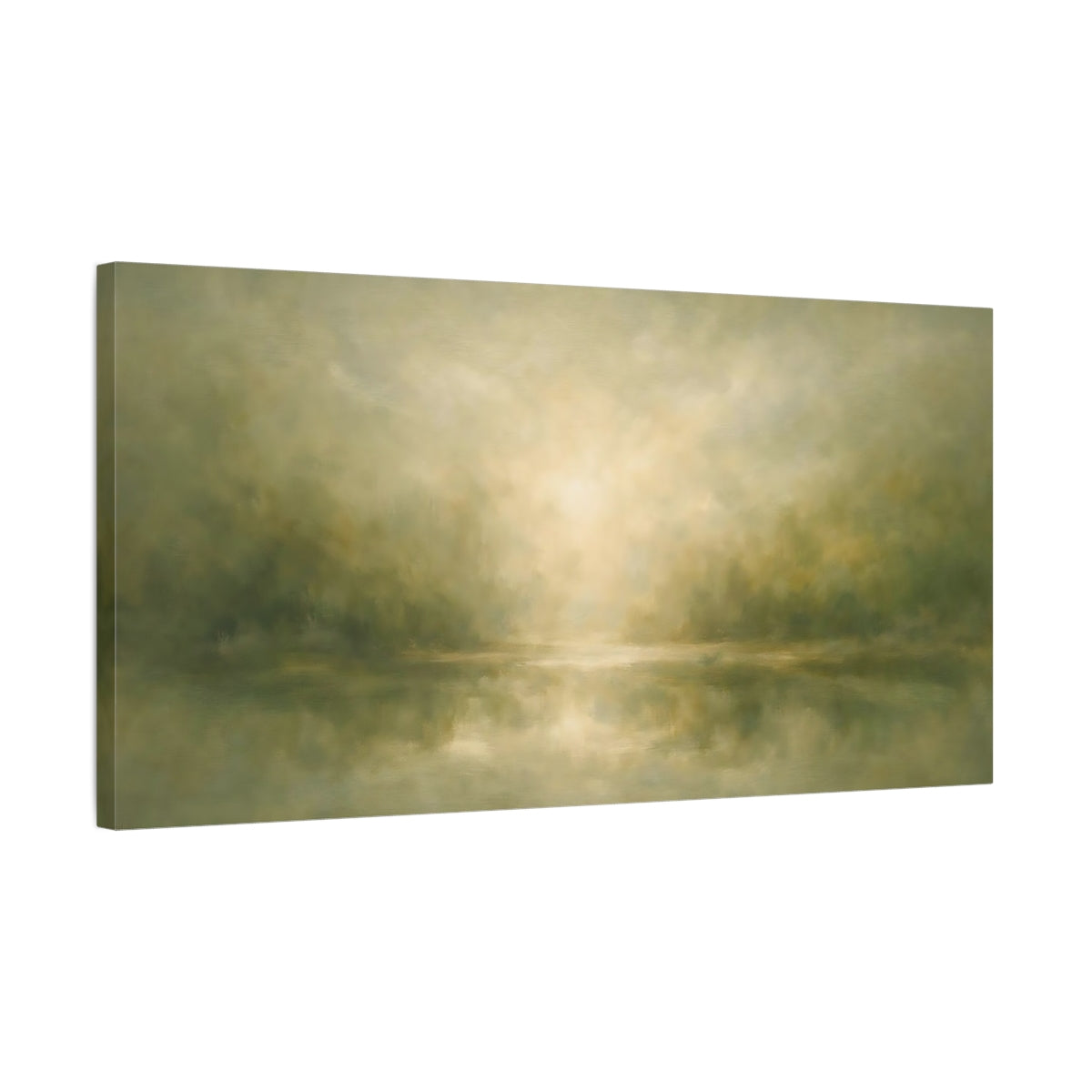 Side Mockup 2. Nature Misty Lake Green And Gold Landscape shown as stretched canvas wall art