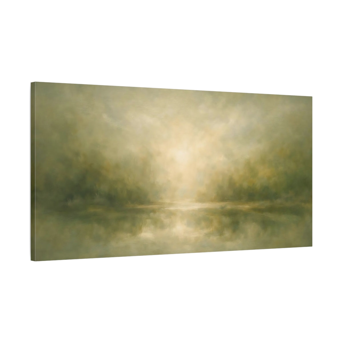 Side Mockup 1. Nature Misty Lake Green And Gold Landscape shown as stretched canvas wall art