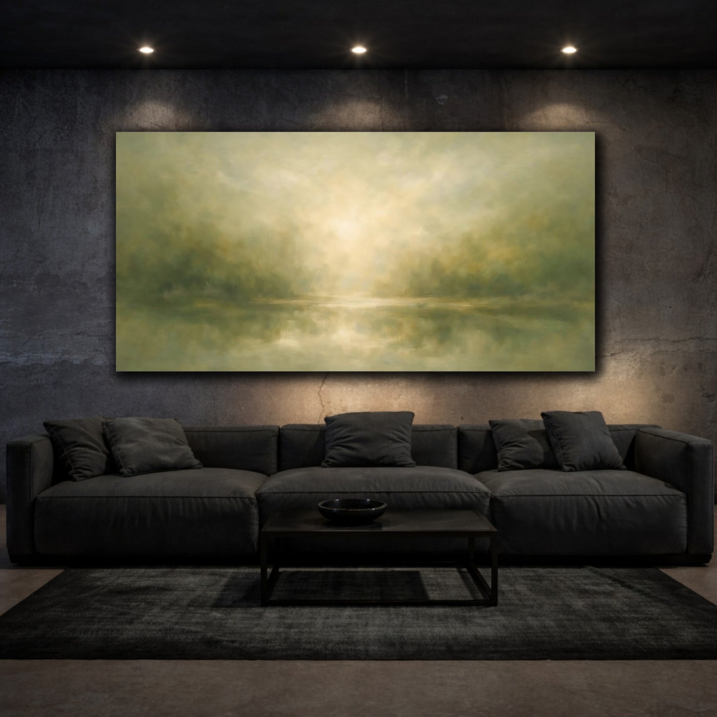 Mockup 2. Nature Misty Lake Green And Gold Landscape shown as stretched canvas wall art
