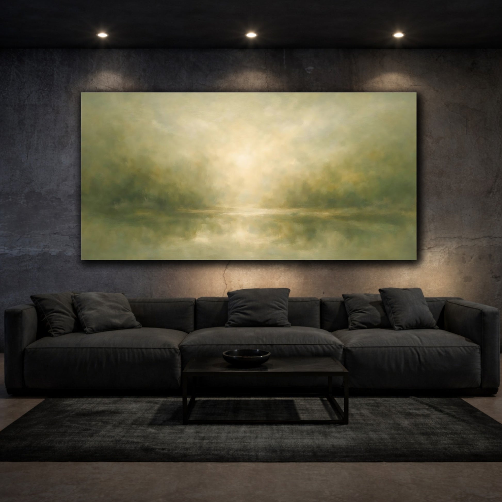 Mockup 2. Nature Misty Lake Green And Gold Landscape shown as stretched canvas wall art
