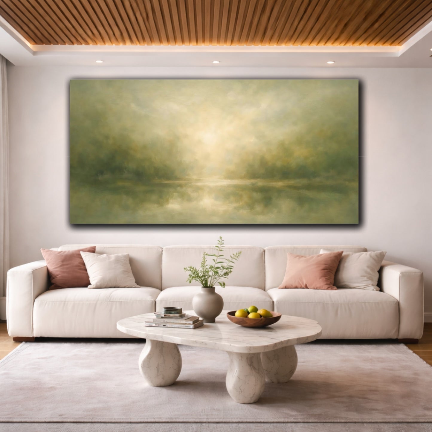 Mockup 3. Nature Misty Lake Green And Gold Landscape shown as stretched canvas wall art