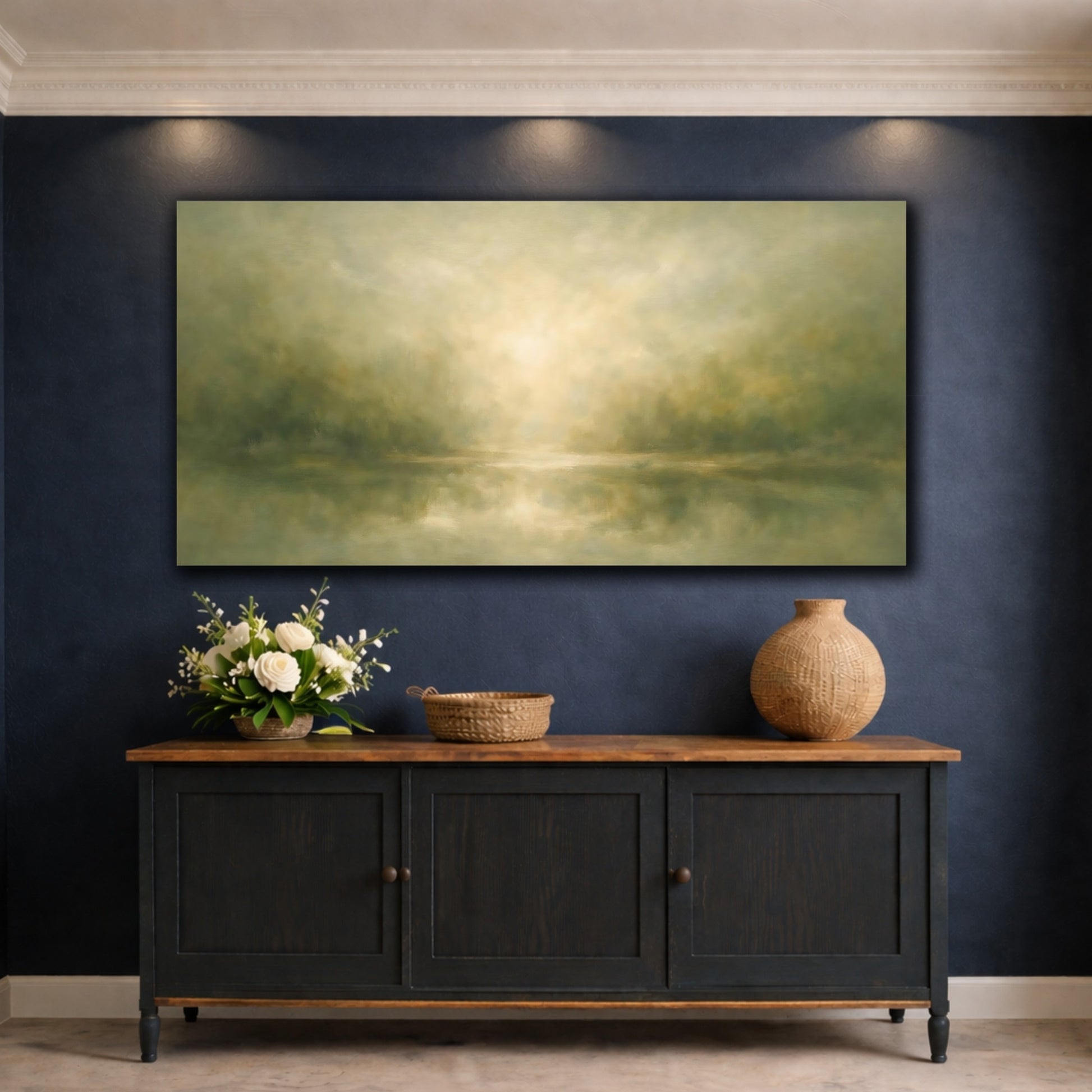 Mockup 4. Nature Misty Lake Green And Gold Landscape shown as stretched canvas wall art
