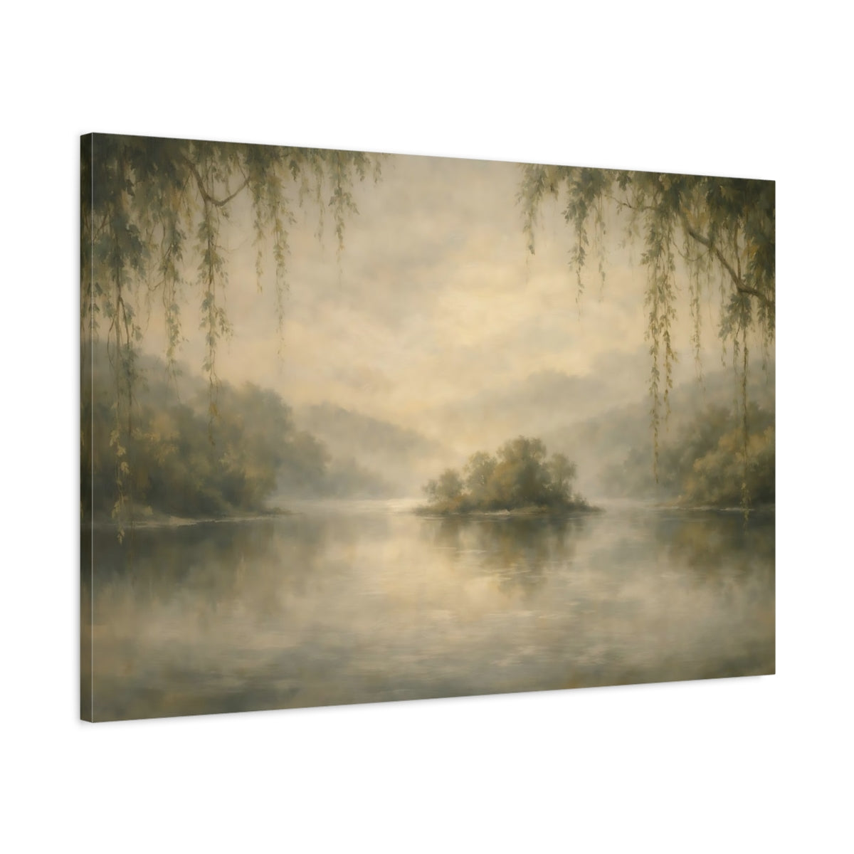 Side Mockup 1. Nature Misty Lake Misty Lake Landscape shown as stretched canvas wall art