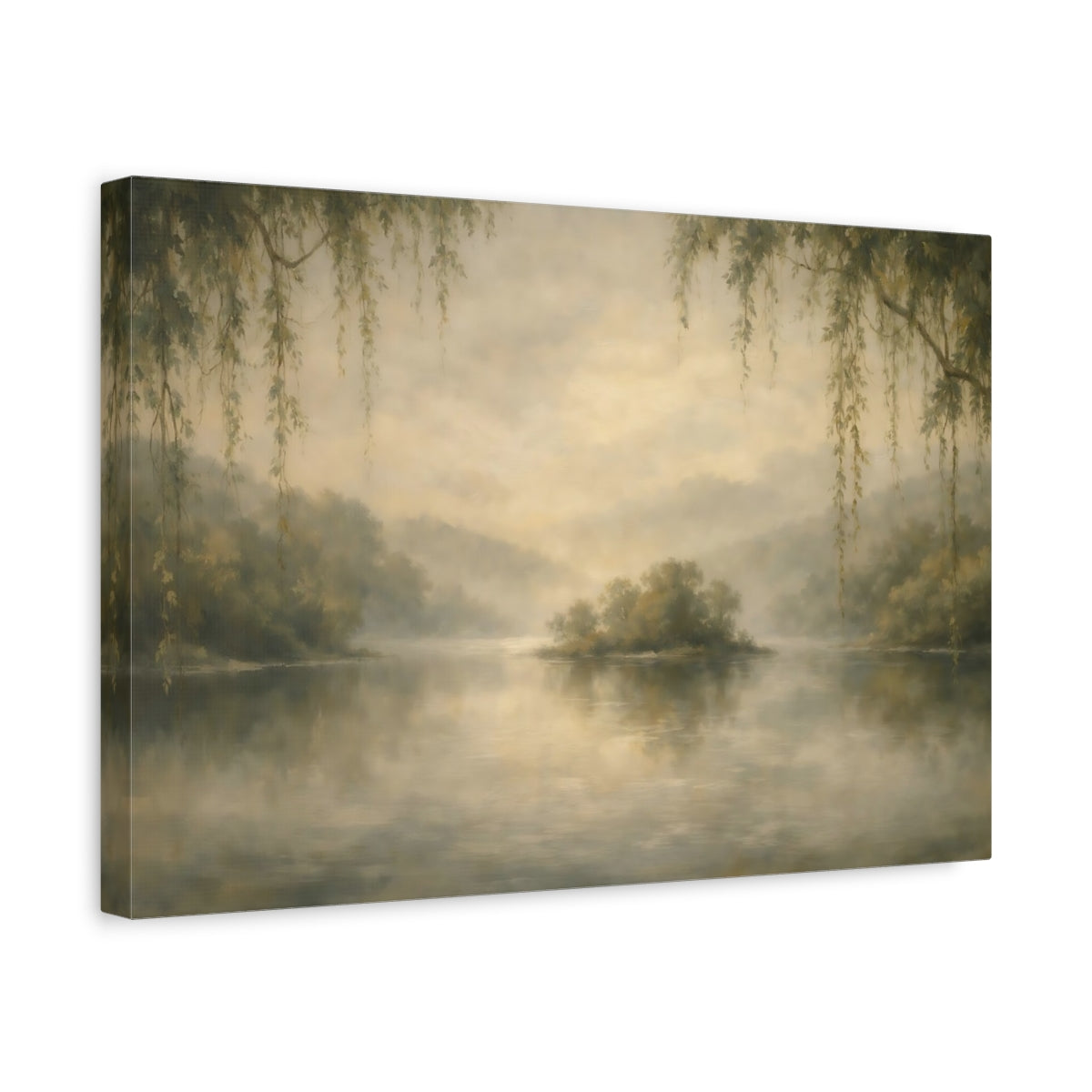 Side Mockup 4. Nature Misty Lake Misty Lake Landscape shown as stretched canvas wall art