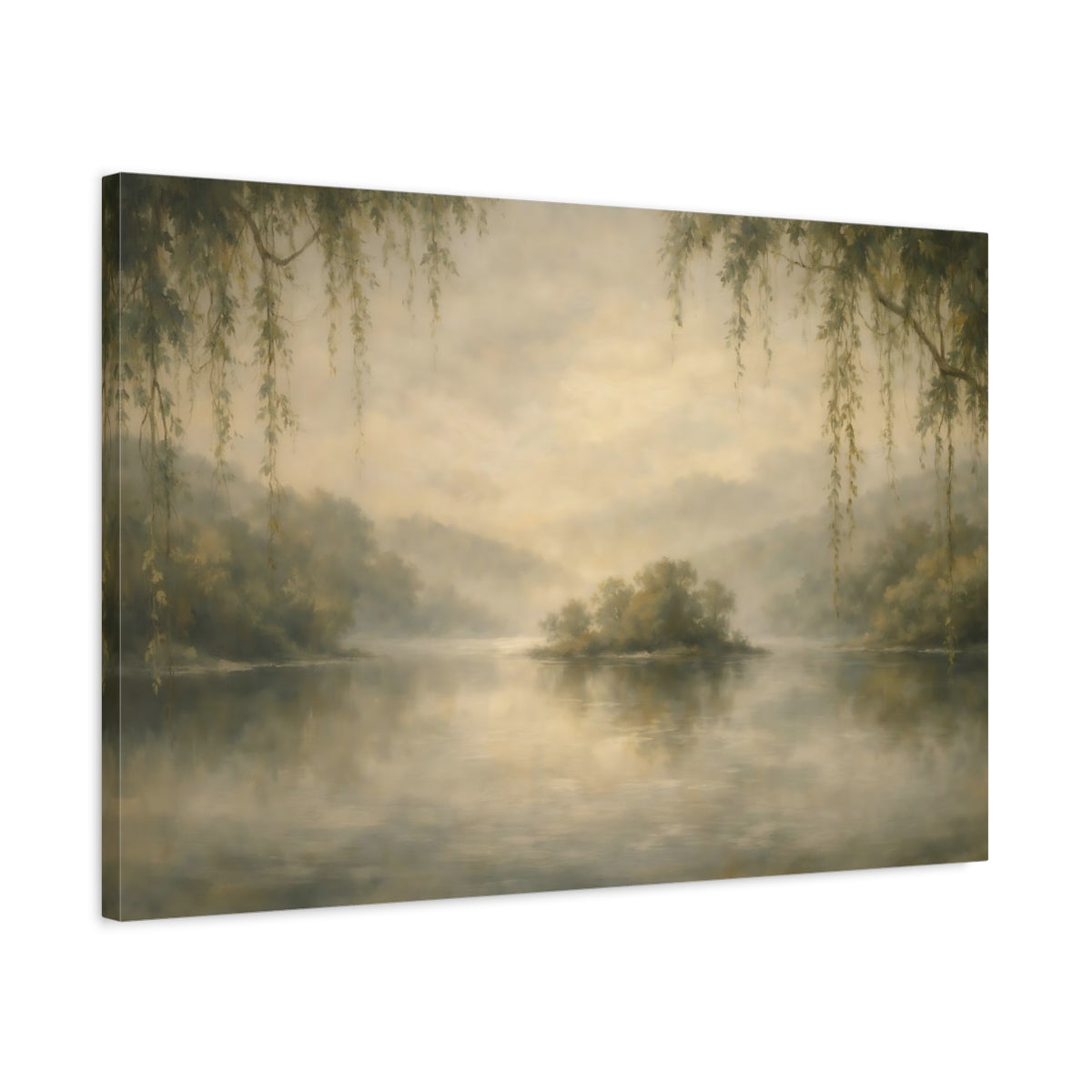 Side Mockup 2. Nature Misty Lake Misty Lake Landscape shown as stretched canvas wall art