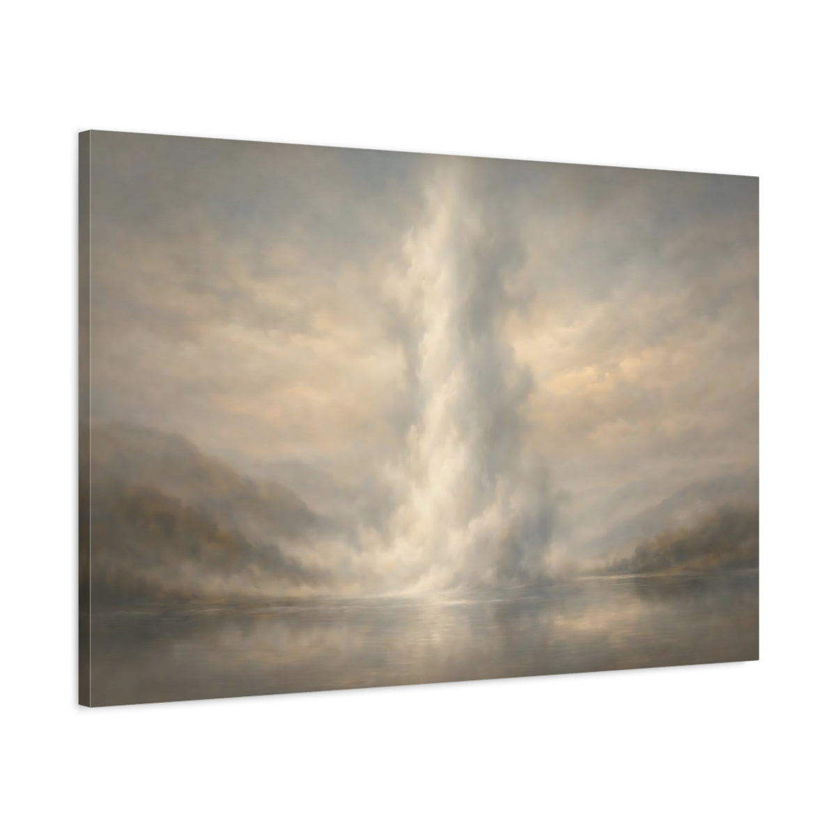 Side Mockup 1. Nature Misty Lake Misty Landscape shown as stretched canvas wall art
