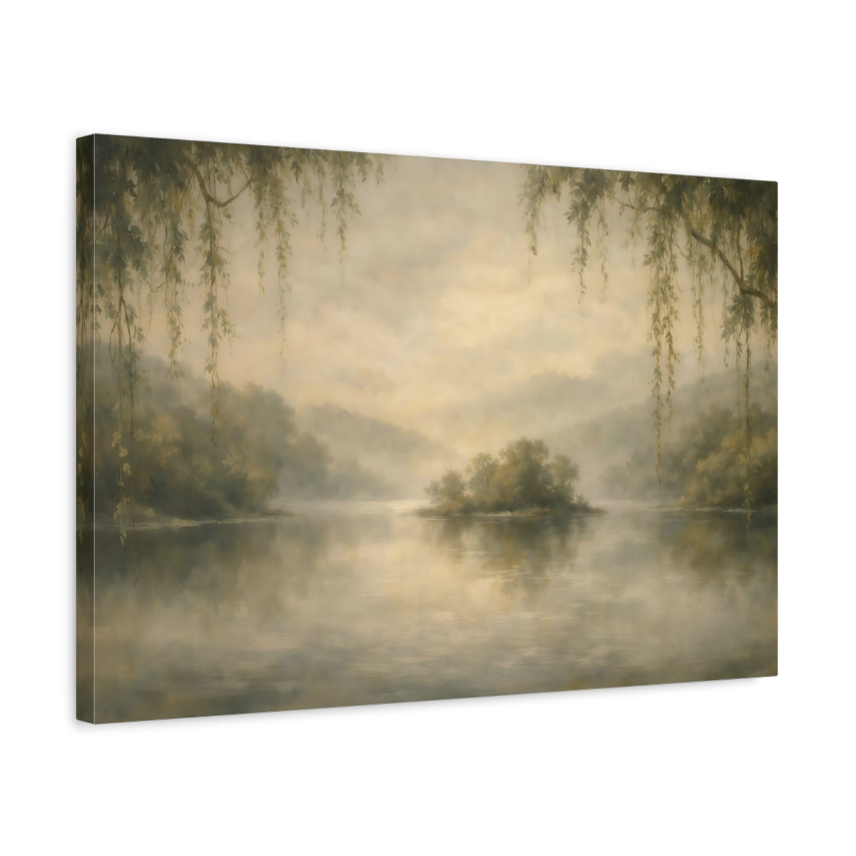 Side Mockup 3. Nature Misty Lake Misty Lake Landscape shown as stretched canvas wall art