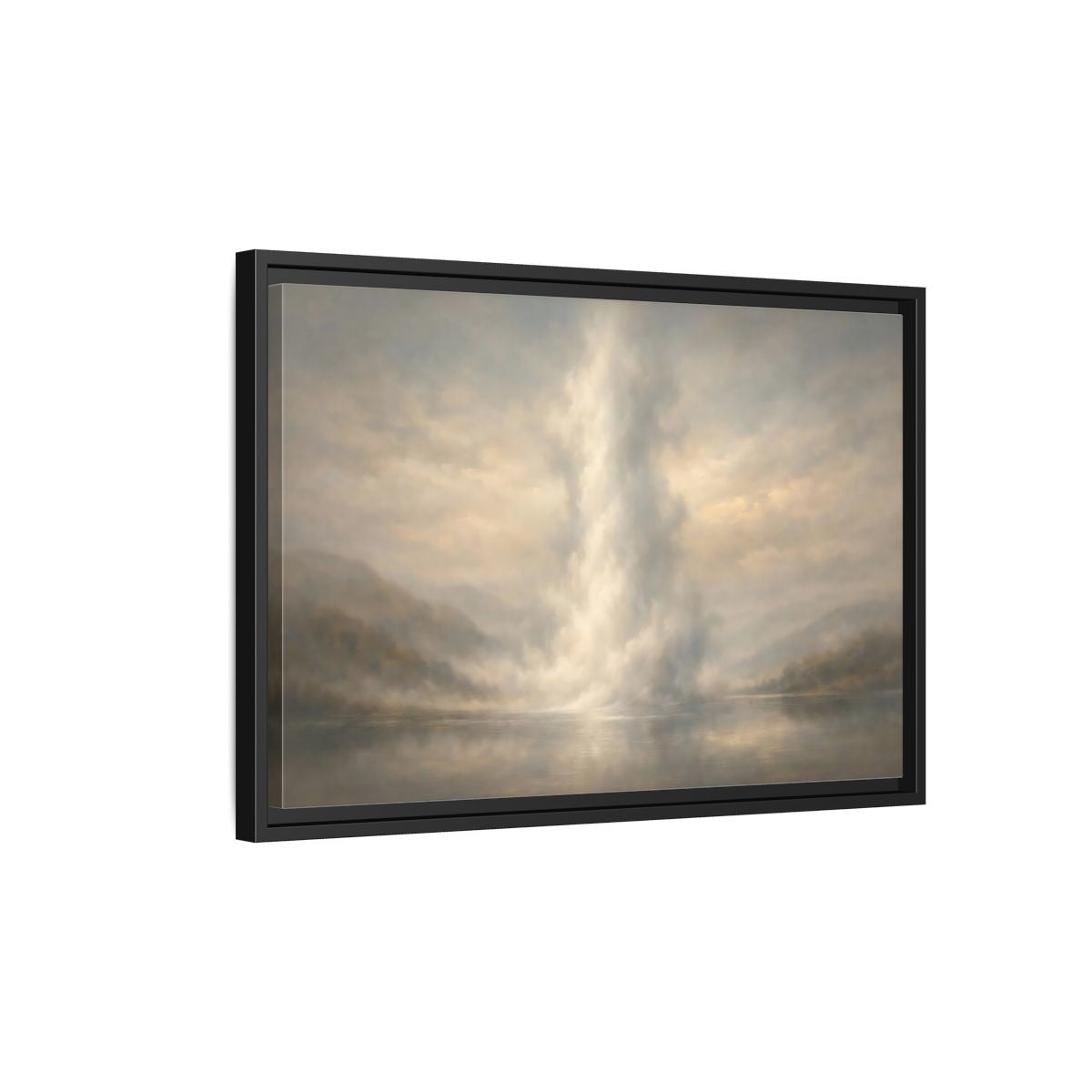 Side Mockup 3. Nature Misty Lake Misty Landscape shown as stretched canvas wall art