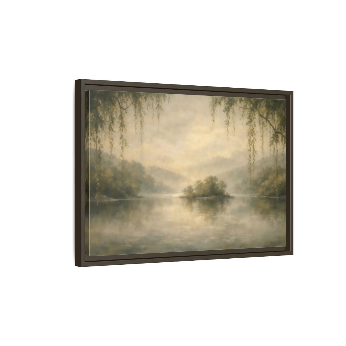 Side Mockup 2. Nature Misty Lake Misty Landscape shown as stretched canvas wall art