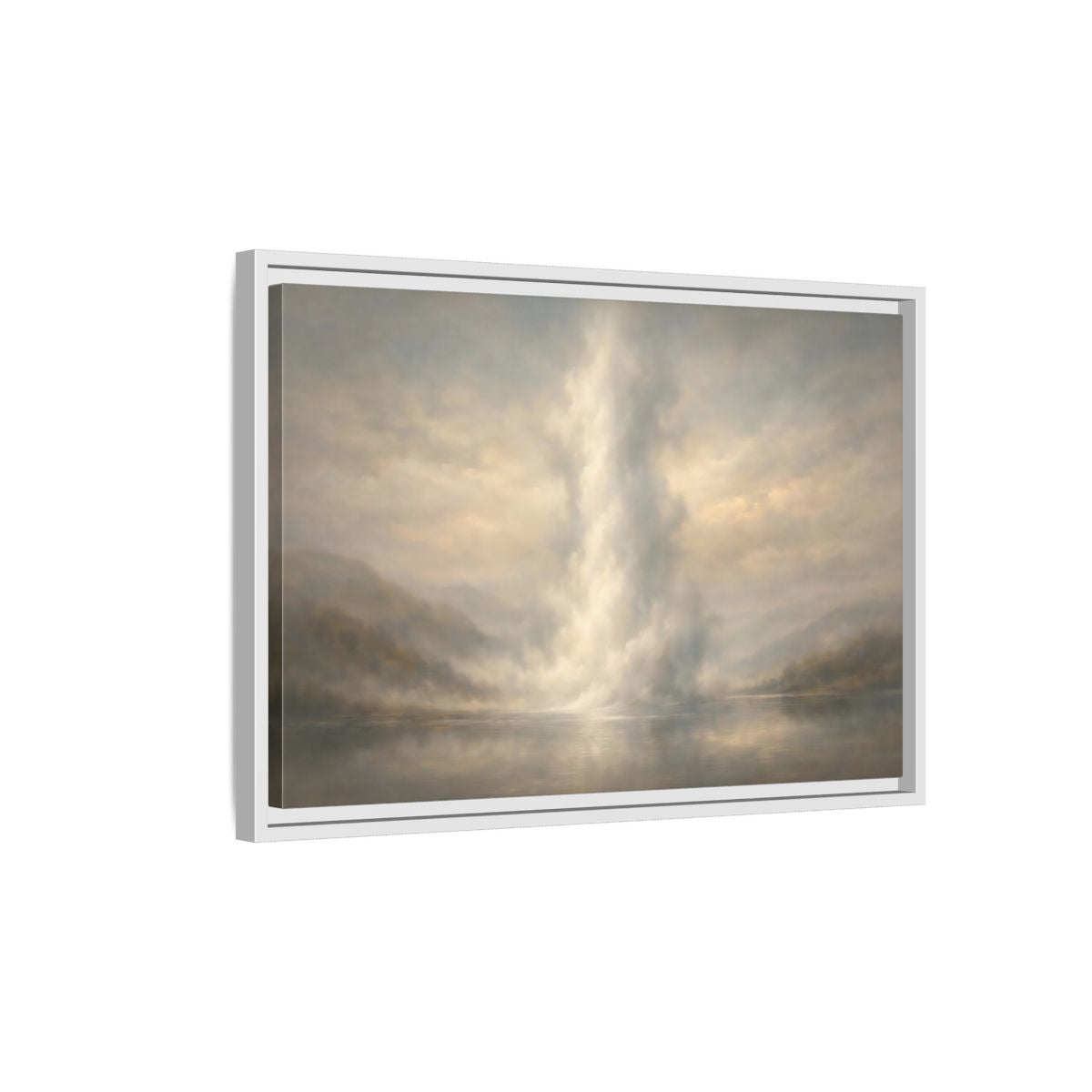Side Mockup 1. Nature Misty Lake Misty Landscape shown as stretched canvas wall art