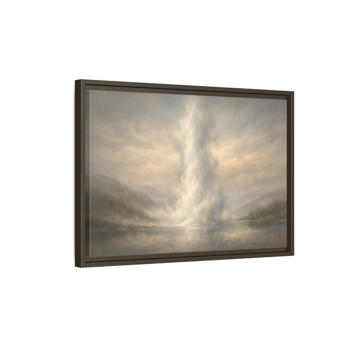 Side Mockup 2. Nature Misty Lake Misty Landscape shown as stretched canvas wall art