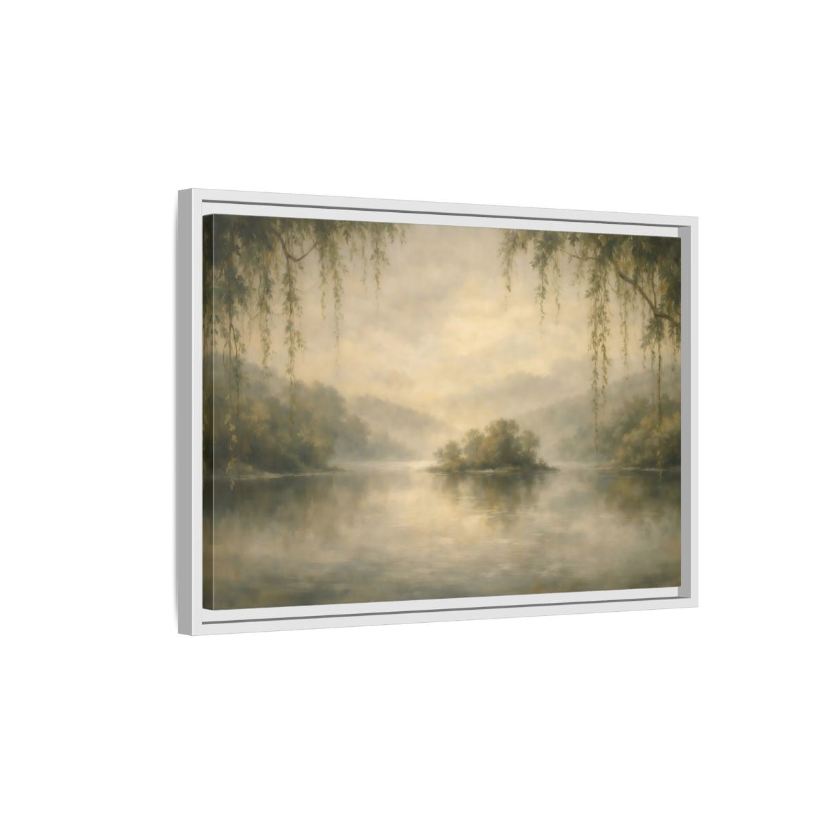 Side Mockup 1. Nature Misty Lake Misty Landscape shown as stretched canvas wall art