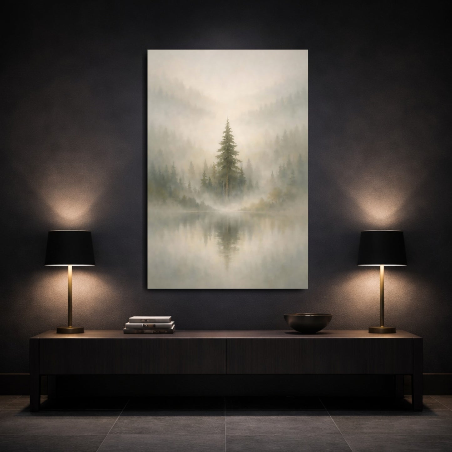 Nature Misty Lake Misty Forest Lake shown as front canvas room wall art