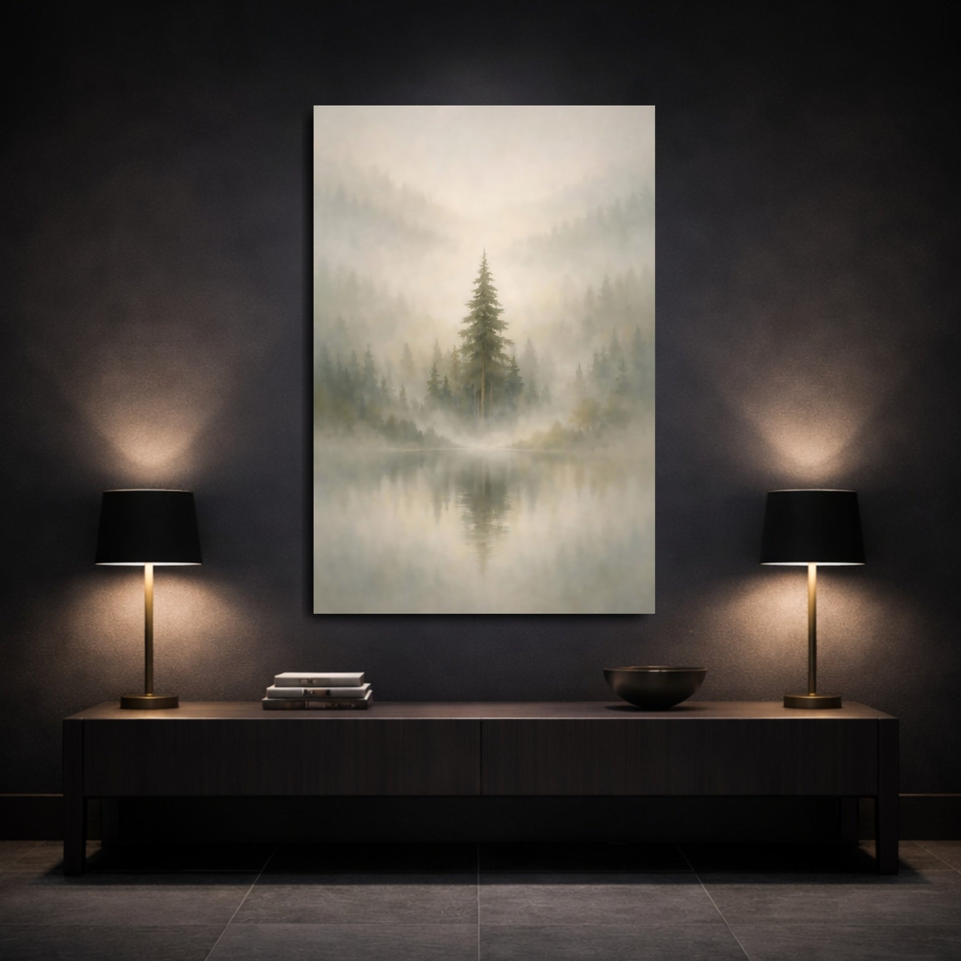 Nature Misty Lake Misty Forest Lake shown as front canvas room wall art