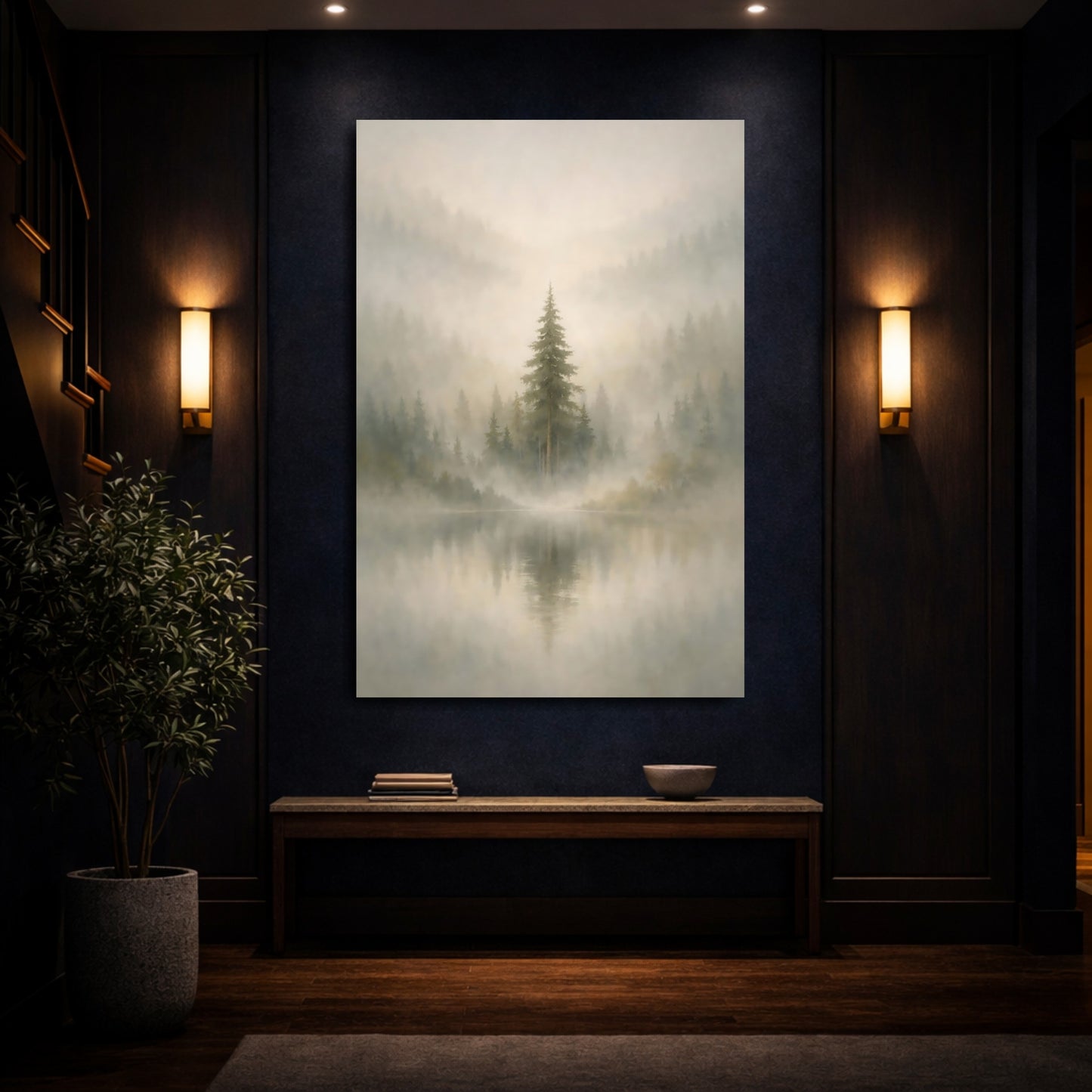 Nature Misty Lake Misty Forest Lake shown as front canvas room wall art