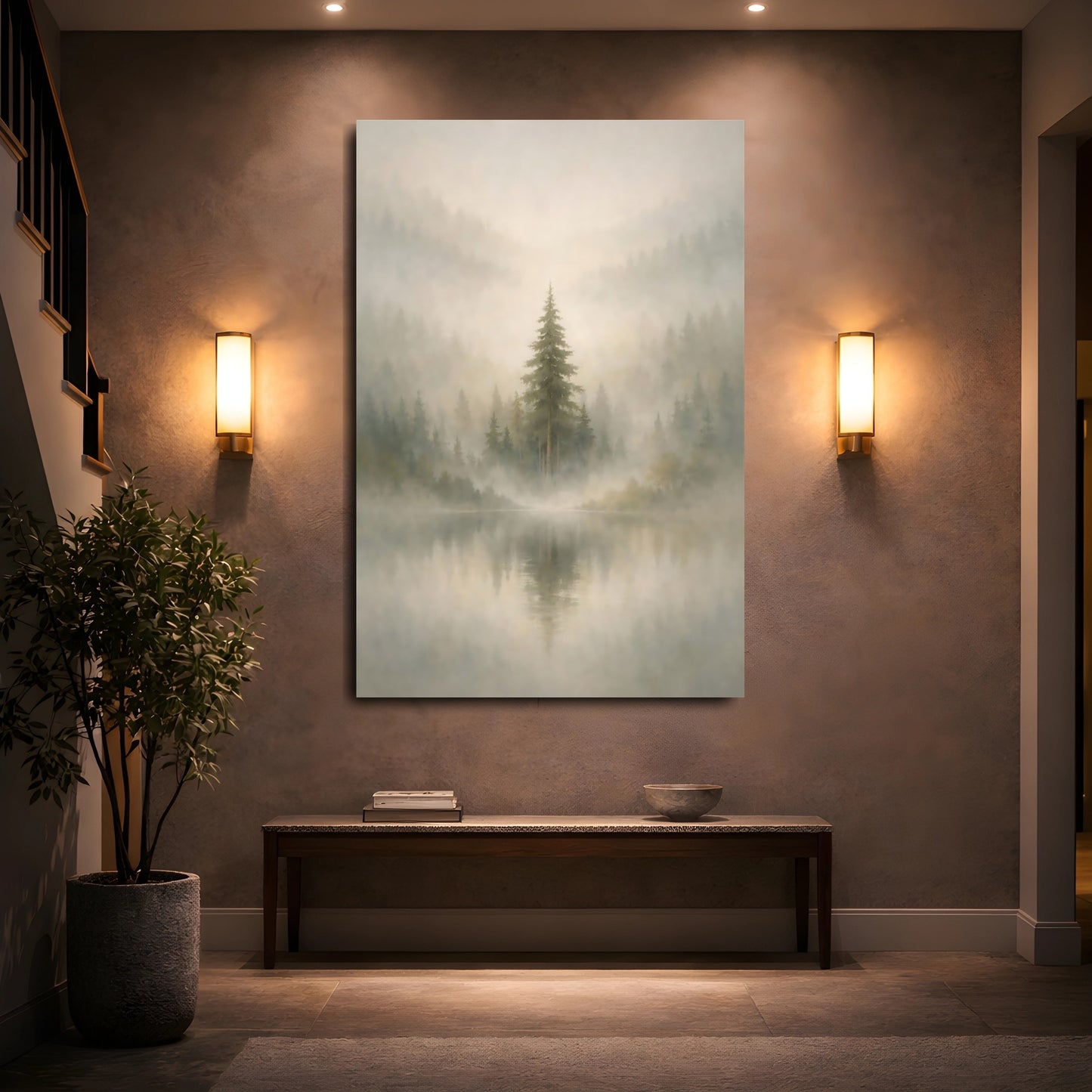 Nature Misty Lake Misty Forest Lake shown as front canvas room wall art