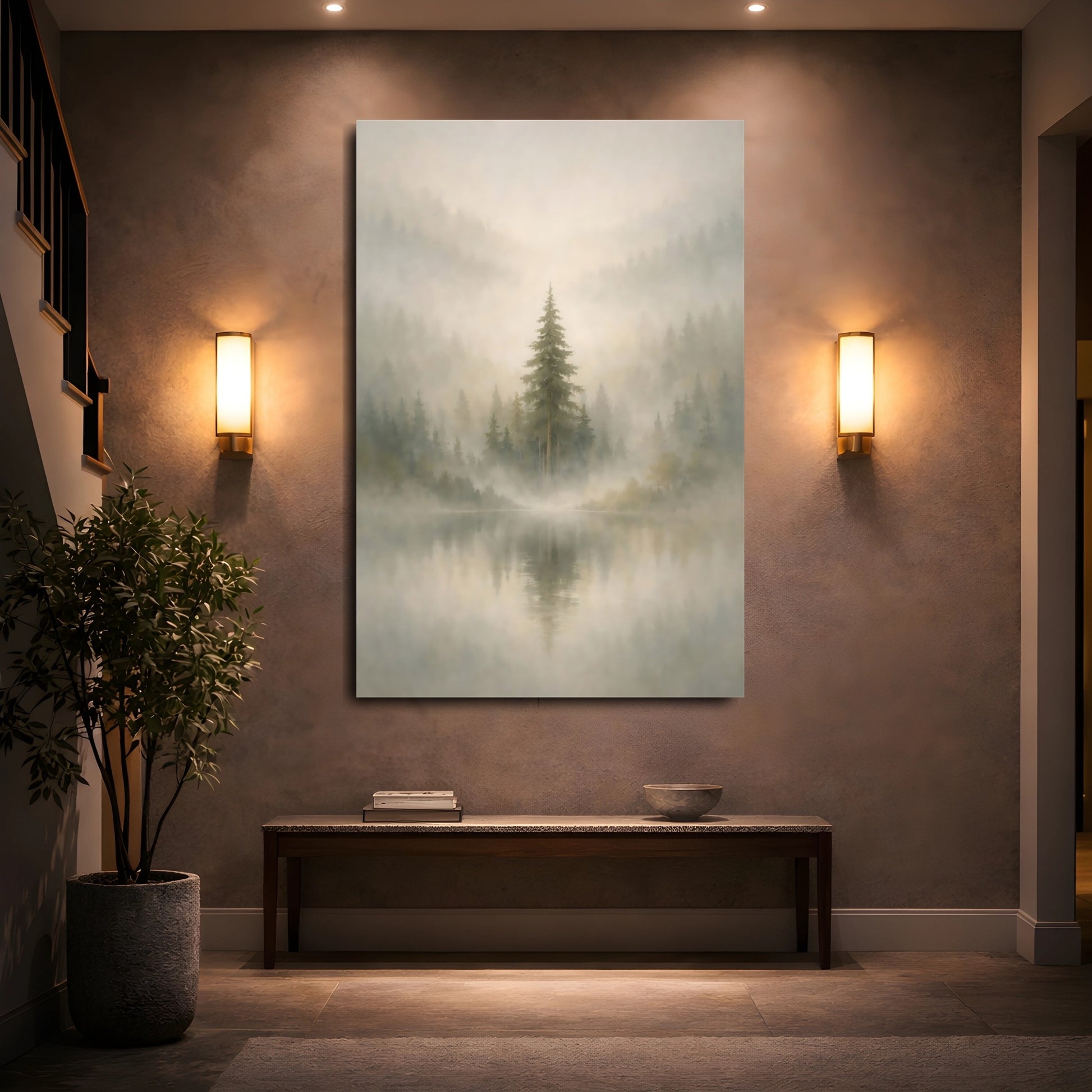 Nature Misty Lake Misty Forest Lake shown as front canvas room wall art