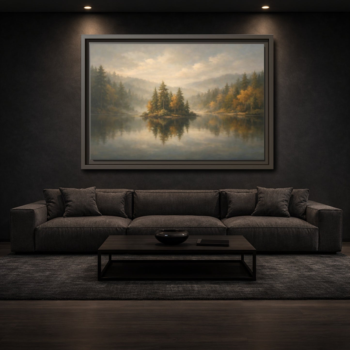 Mockup 2. Nature Misty Lake Misty Forest shown as stretched canvas wall art