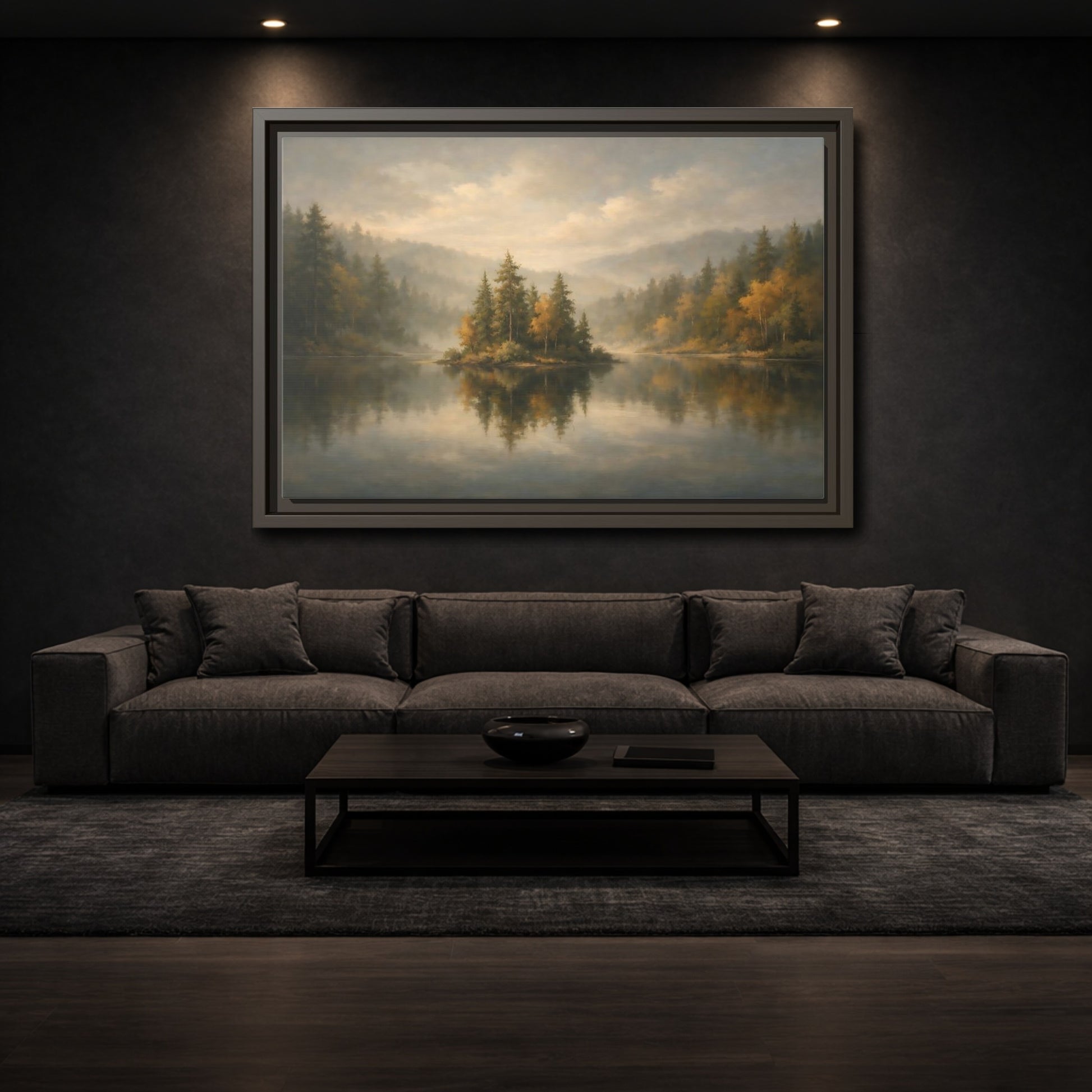 Mockup 2. Nature Misty Lake Misty Forest shown as stretched canvas wall art