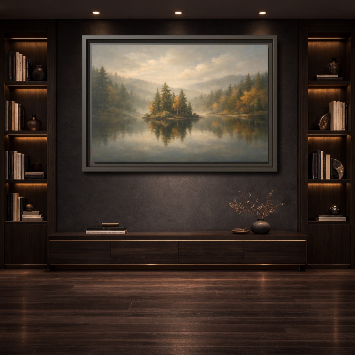 Mockup 3. Nature Misty Lake Misty Forest shown as stretched canvas wall art