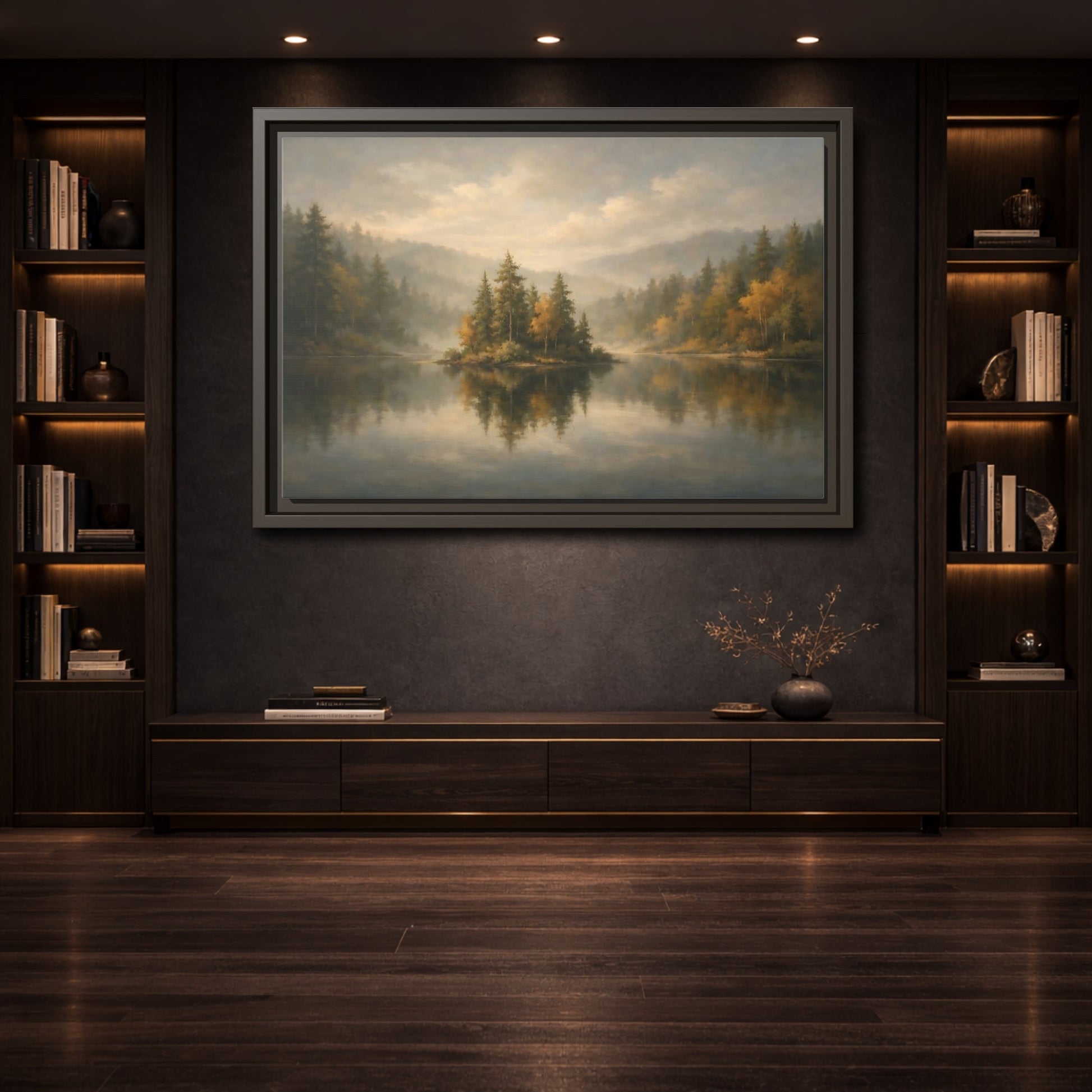 Mockup 3. Nature Misty Lake Misty Forest shown as stretched canvas wall art
