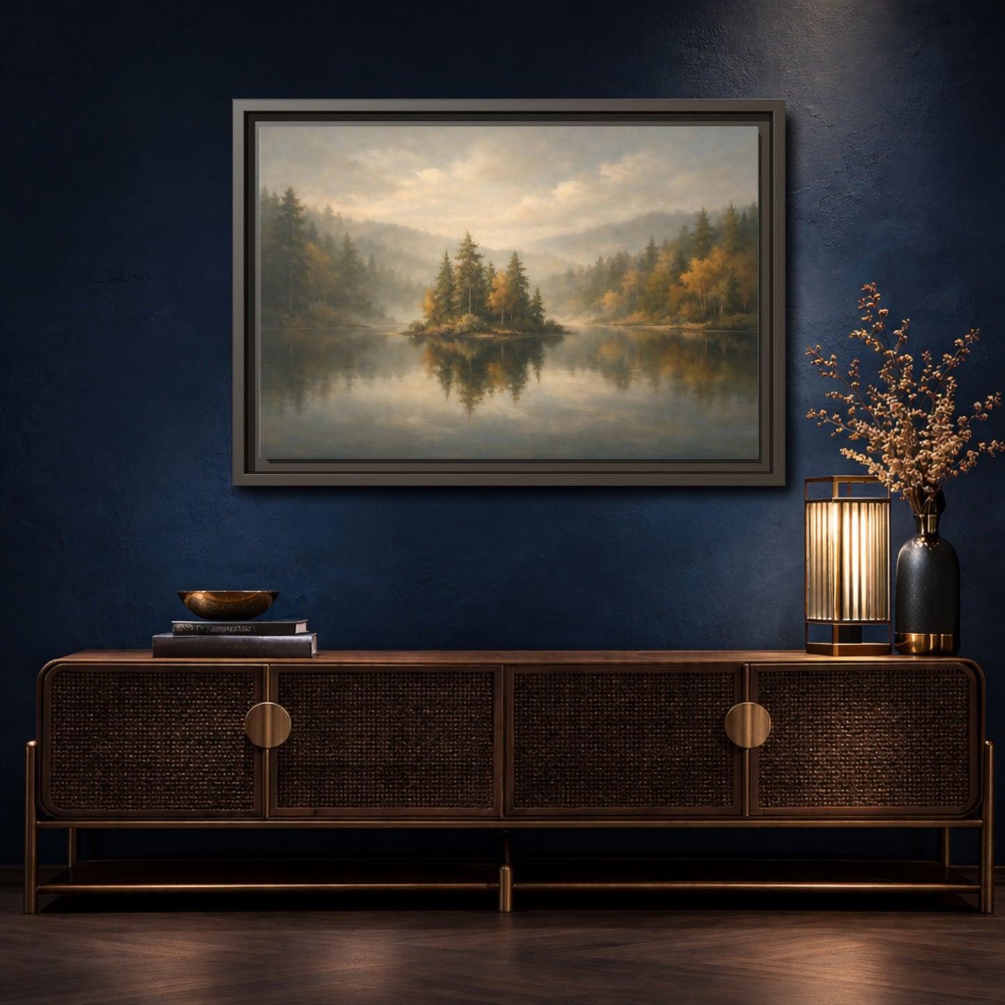 Mockup 4. Nature Misty Lake Misty Forest shown as stretched canvas wall art