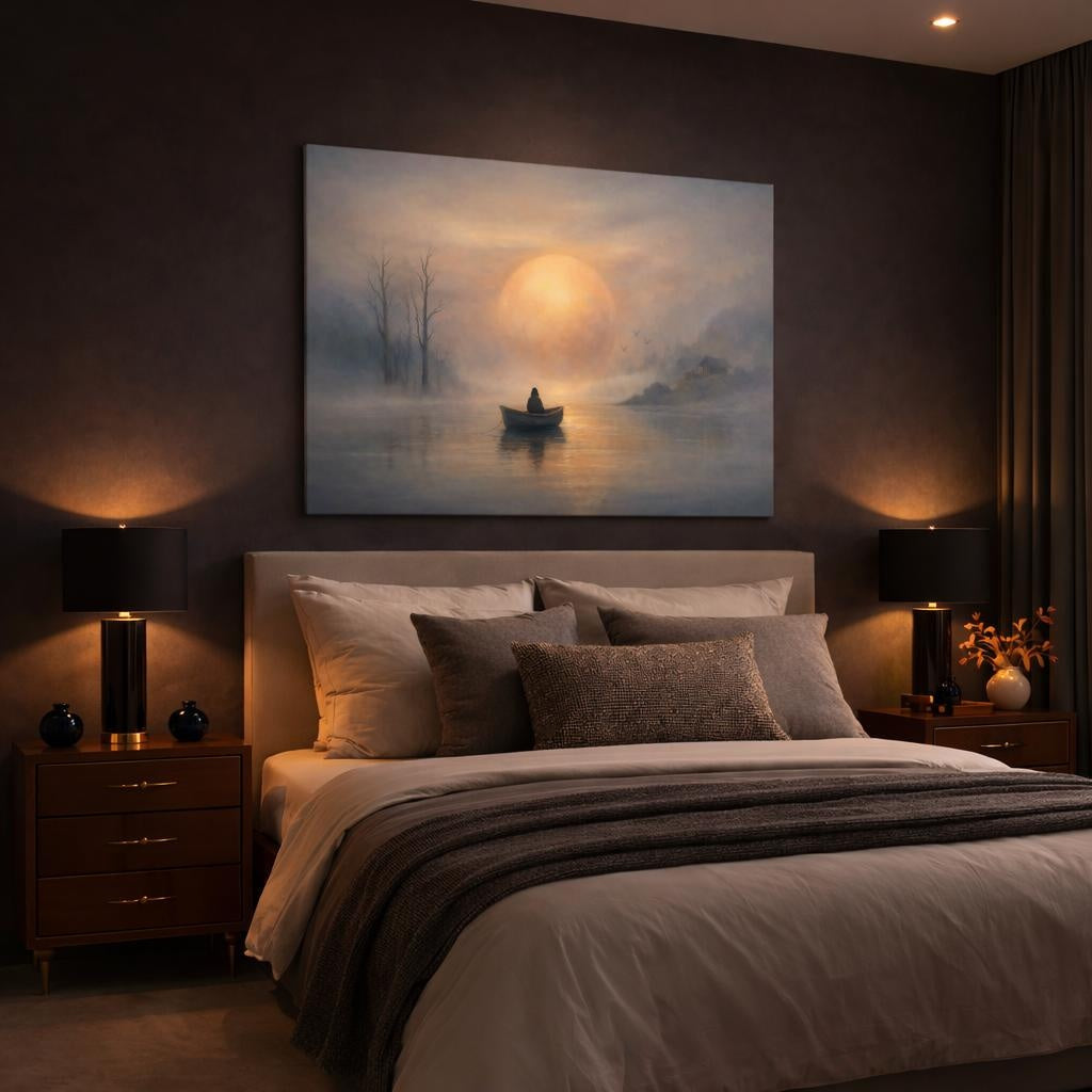 Nature Misty Lake Misty Lake Landscape shown as canvas wall art in a luxury bedroom