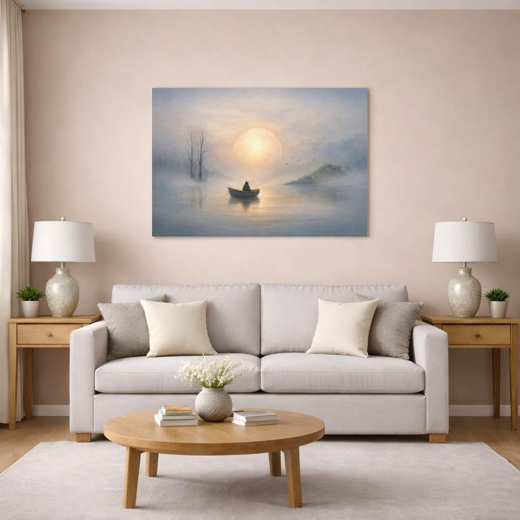 Nature Misty Lake Misty Lake Landscape shown as canvas wall art in a modern living room