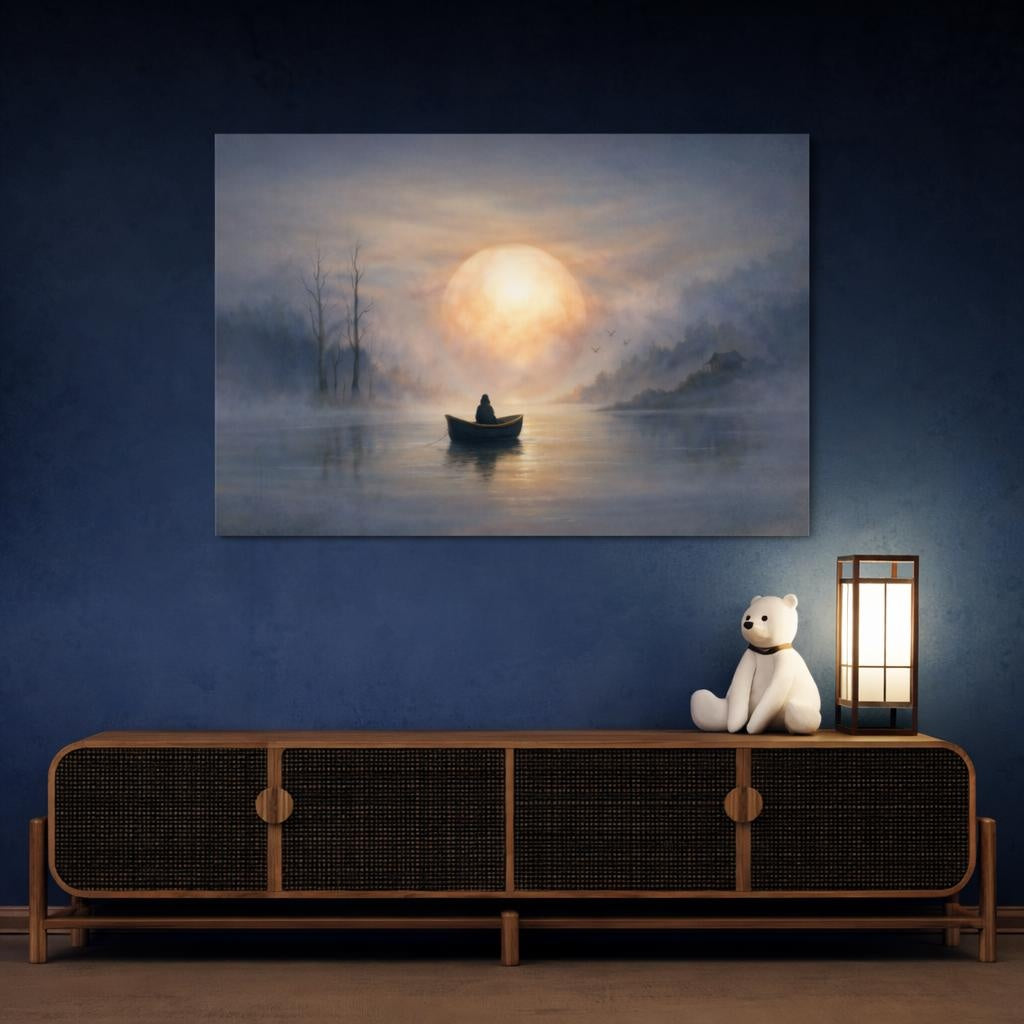 Nature Misty Lake Misty Lake Landscape shown as canvas wall art in a sophisticated contemporary living space