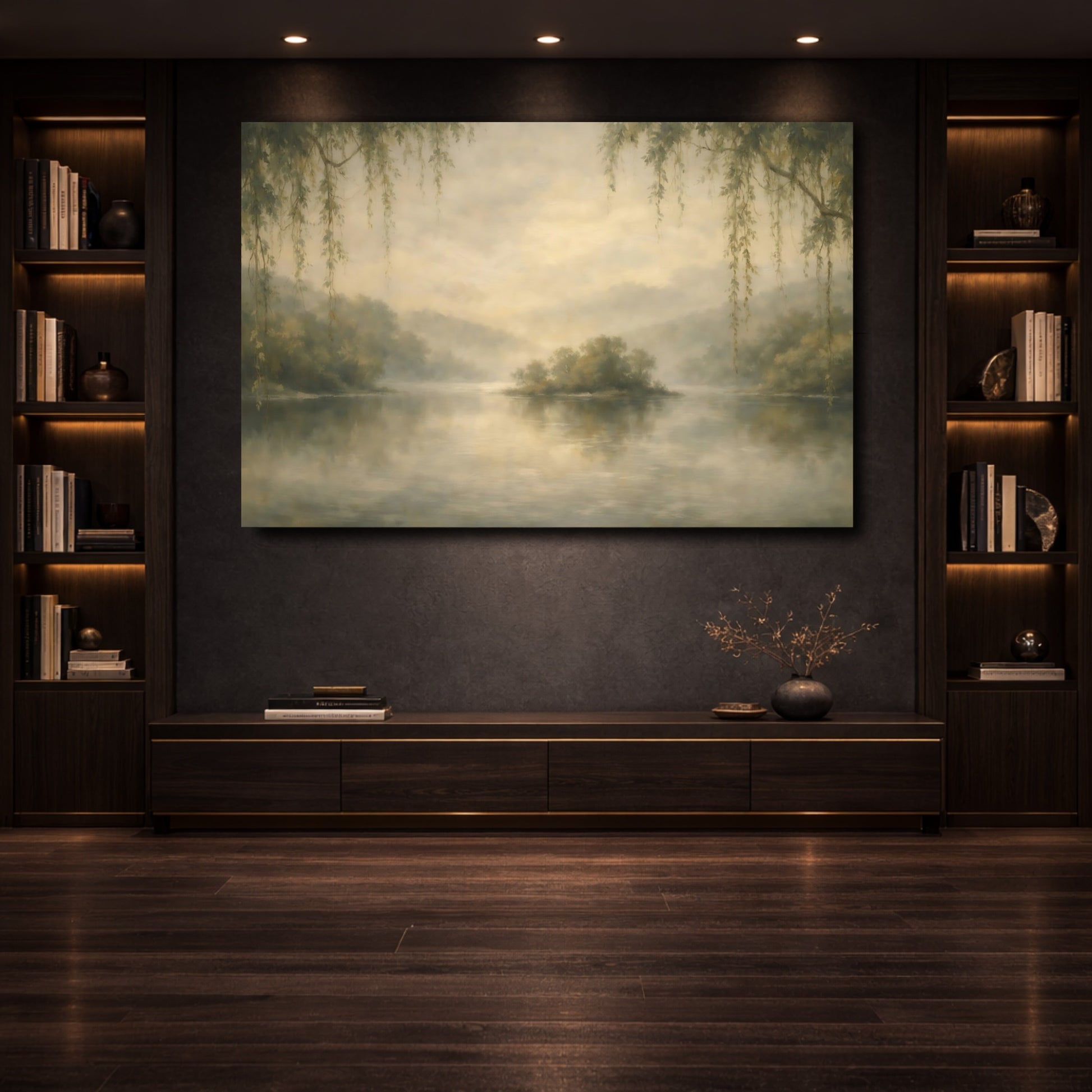 Mockup 3. Nature Misty Lake Misty Lake Landscape shown as stretched canvas wall art