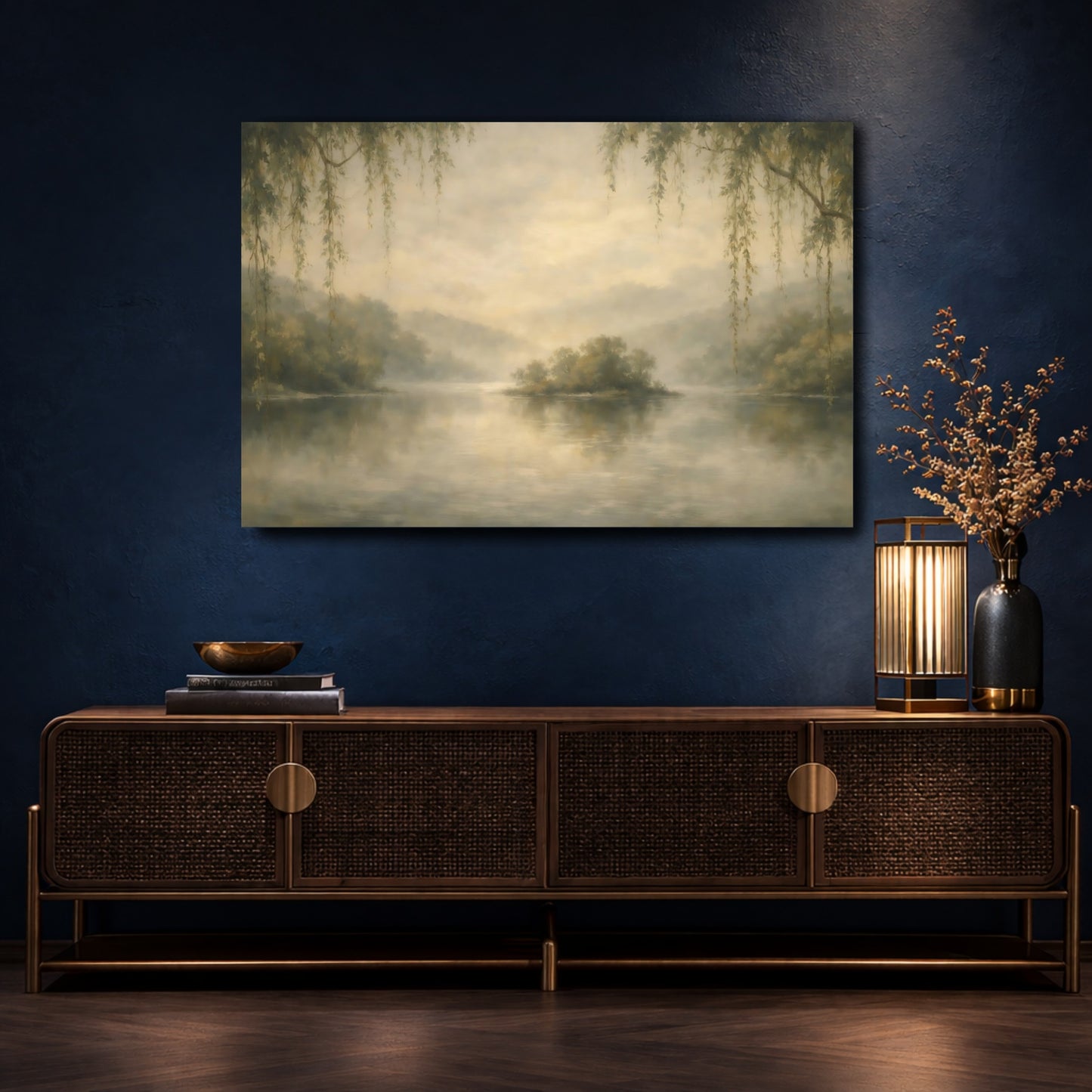 Mockup 4. Nature Misty Lake Misty Lake Landscape shown as stretched canvas wall art