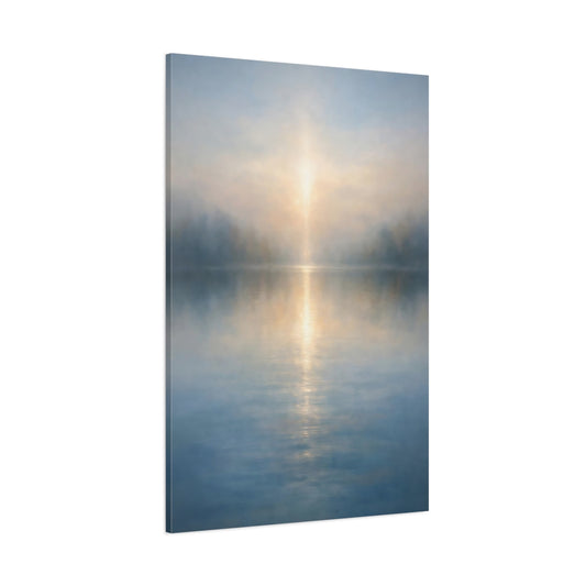 Main Mockup. Nature Misty Lake Misty Lake Sunrise shown as stretched canvas wall art