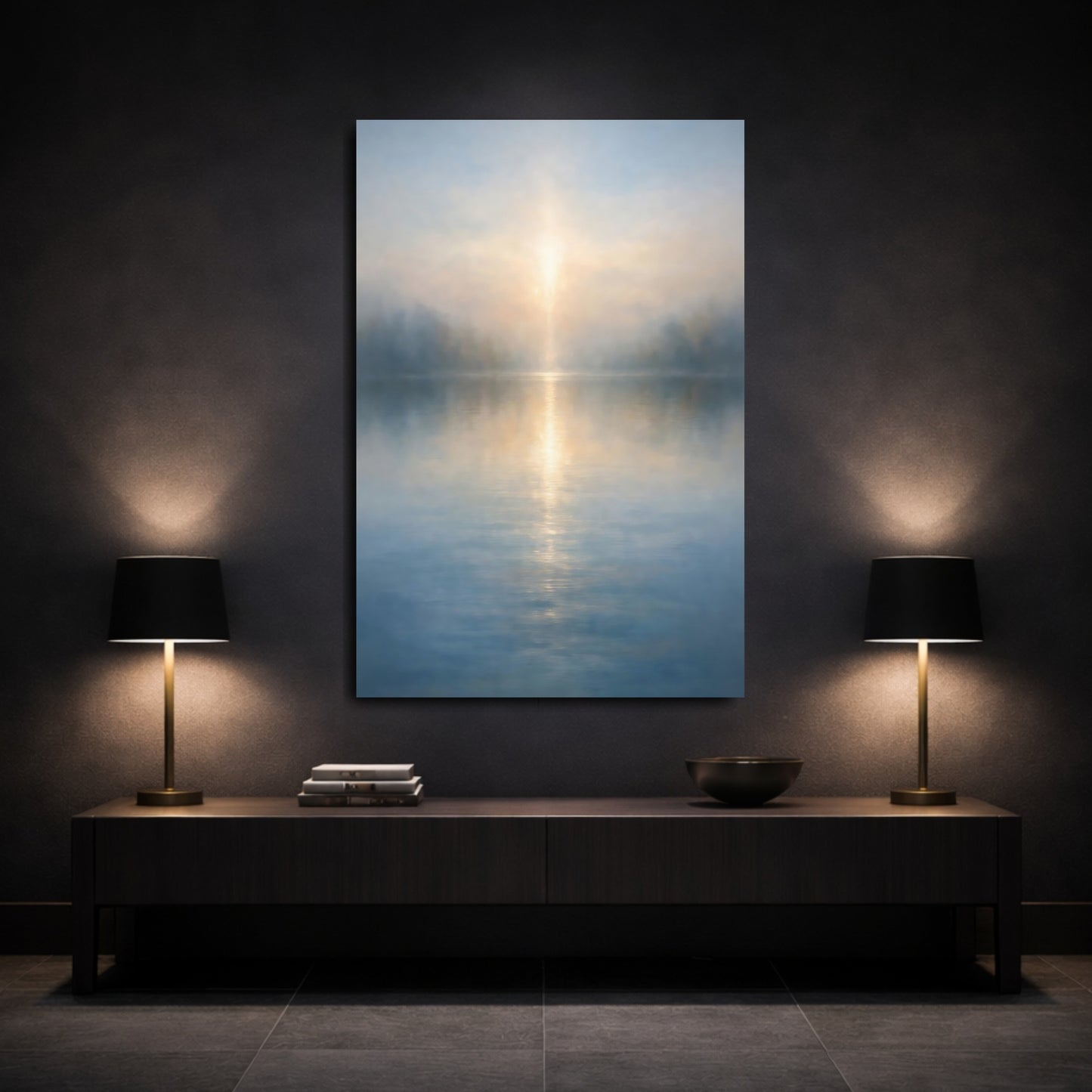 Mockup 2. Nature Misty Lake Misty Lake Sunrise shown as stretched canvas wall art