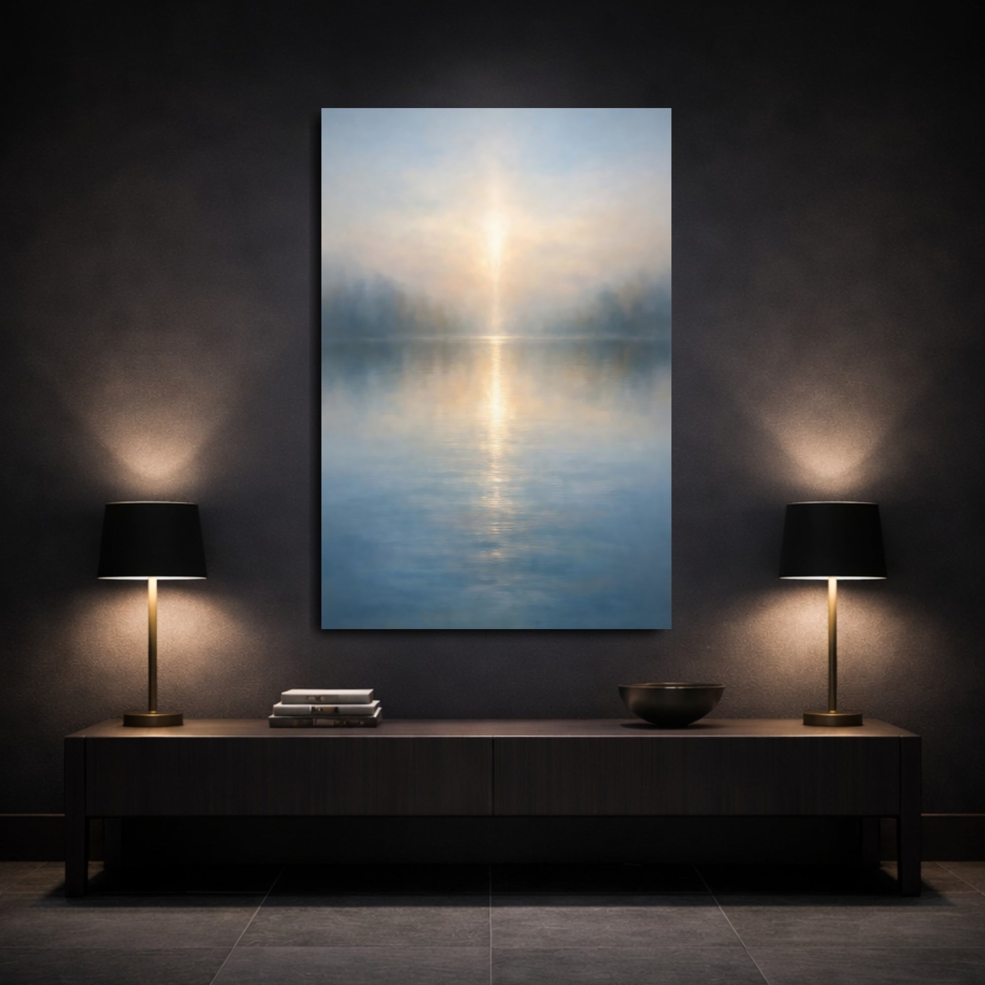 Mockup 2. Nature Misty Lake Misty Lake Sunrise shown as stretched canvas wall art