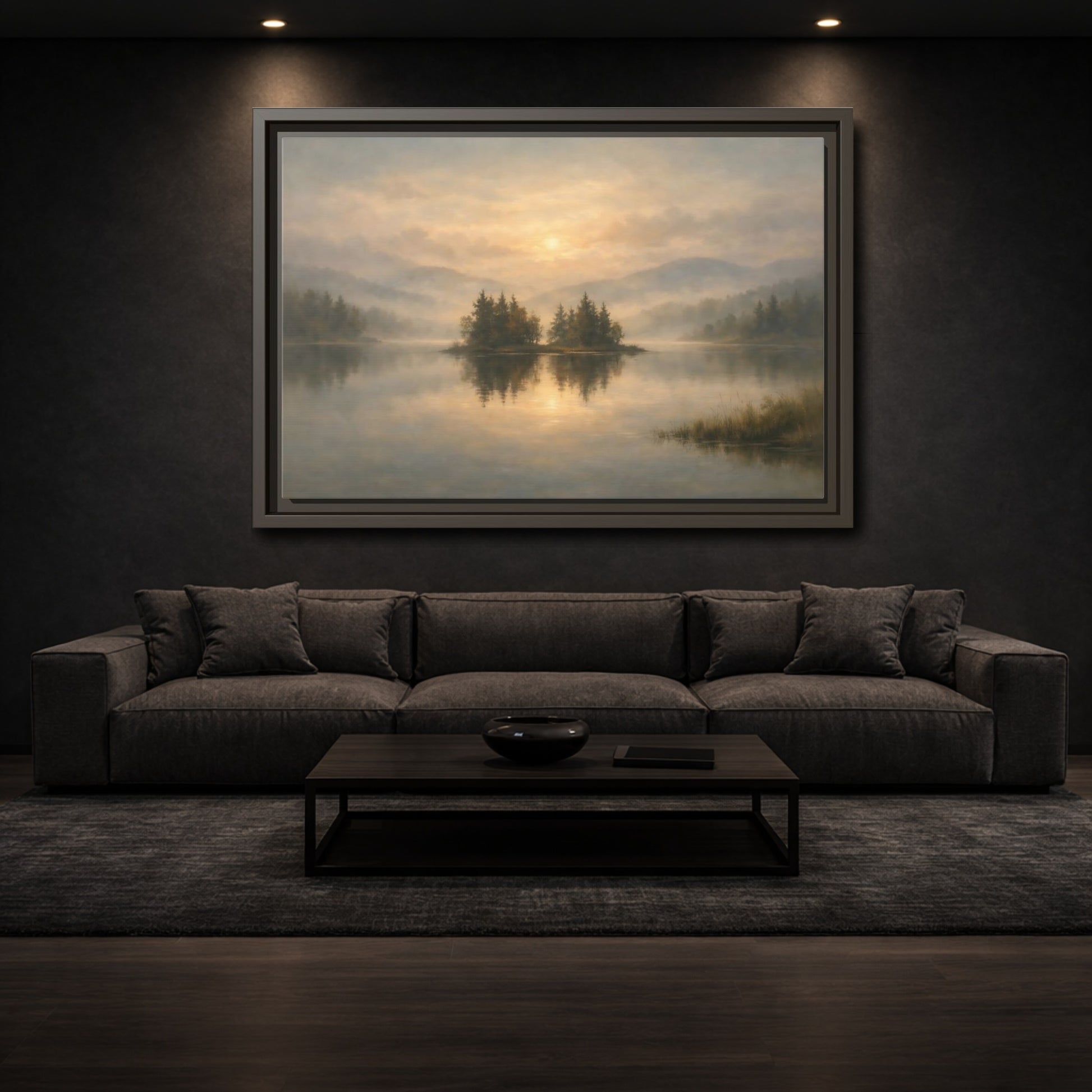 Mockup 2. Nature Misty Lake Misty Lake Sunrise shown as stretched canvas wall art
