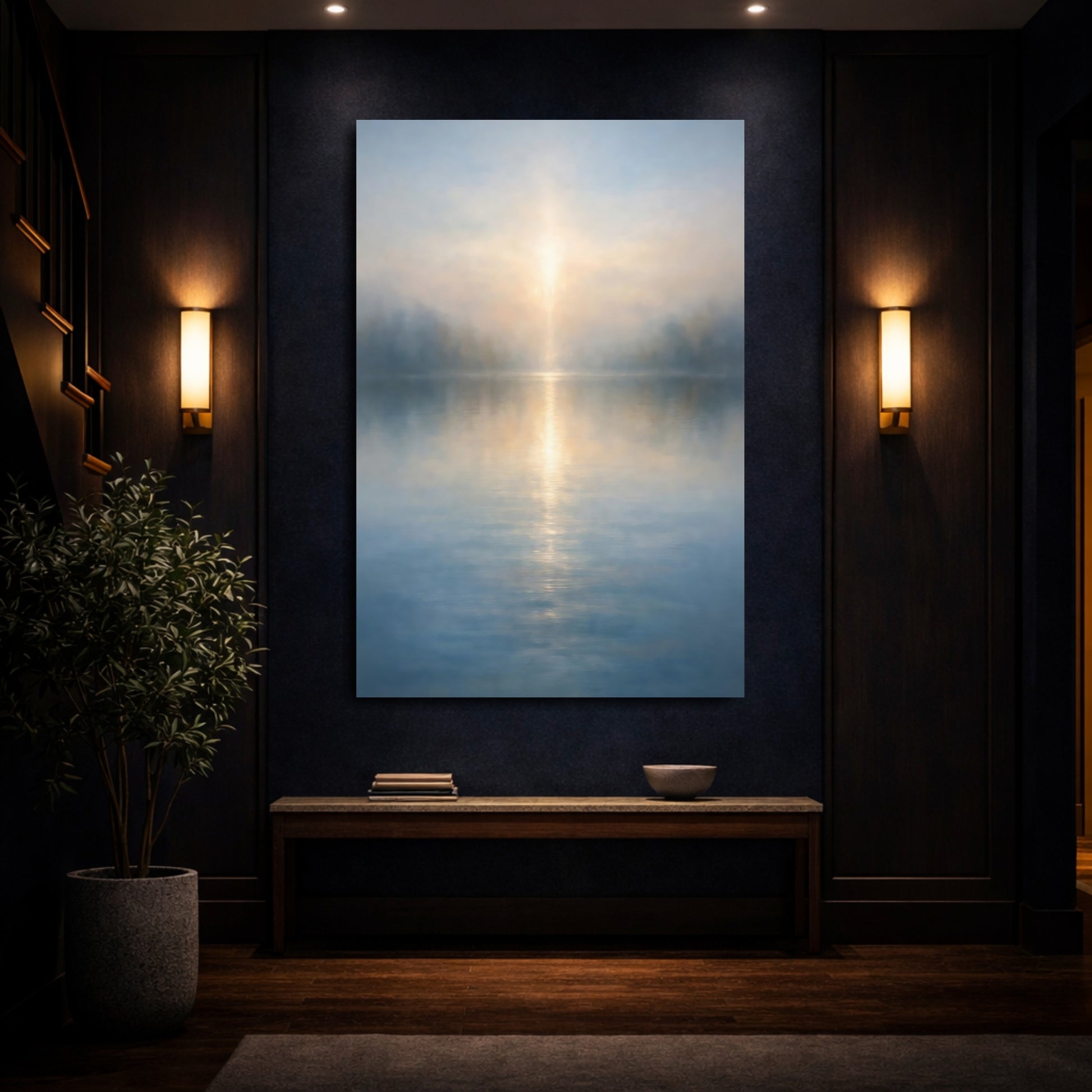 Mockup 3. Nature Misty Lake Misty Lake Sunrise shown as stretched canvas wall art