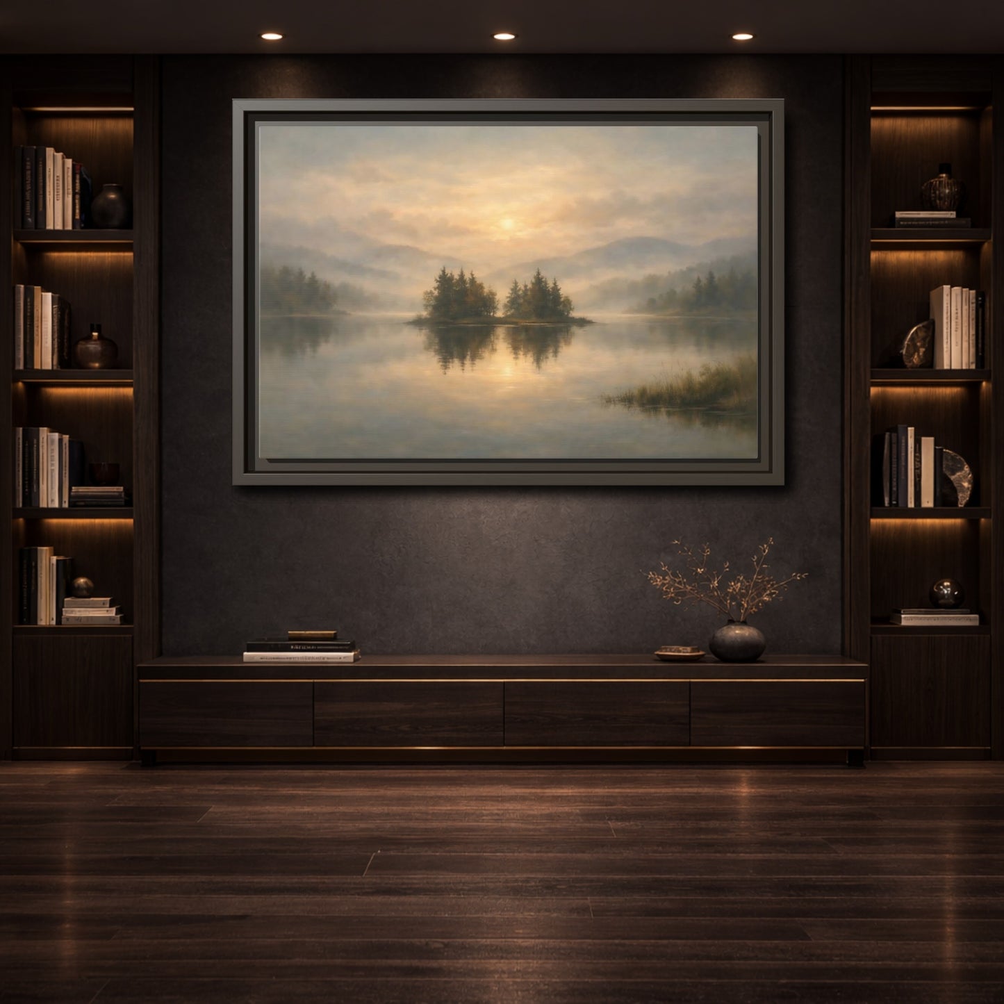 Mockup 3. Nature Misty Lake Misty Lake Sunrise shown as stretched canvas wall art