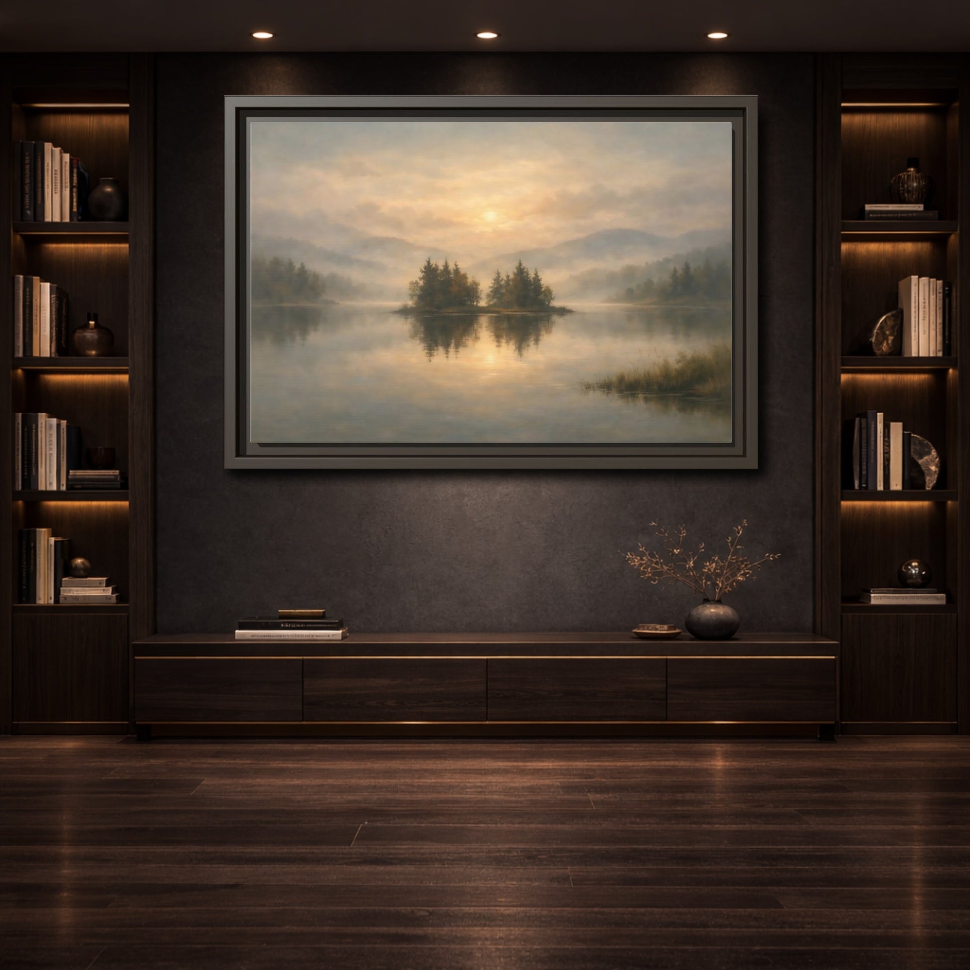 Mockup 3. Nature Misty Lake Misty Lake Sunrise shown as stretched canvas wall art