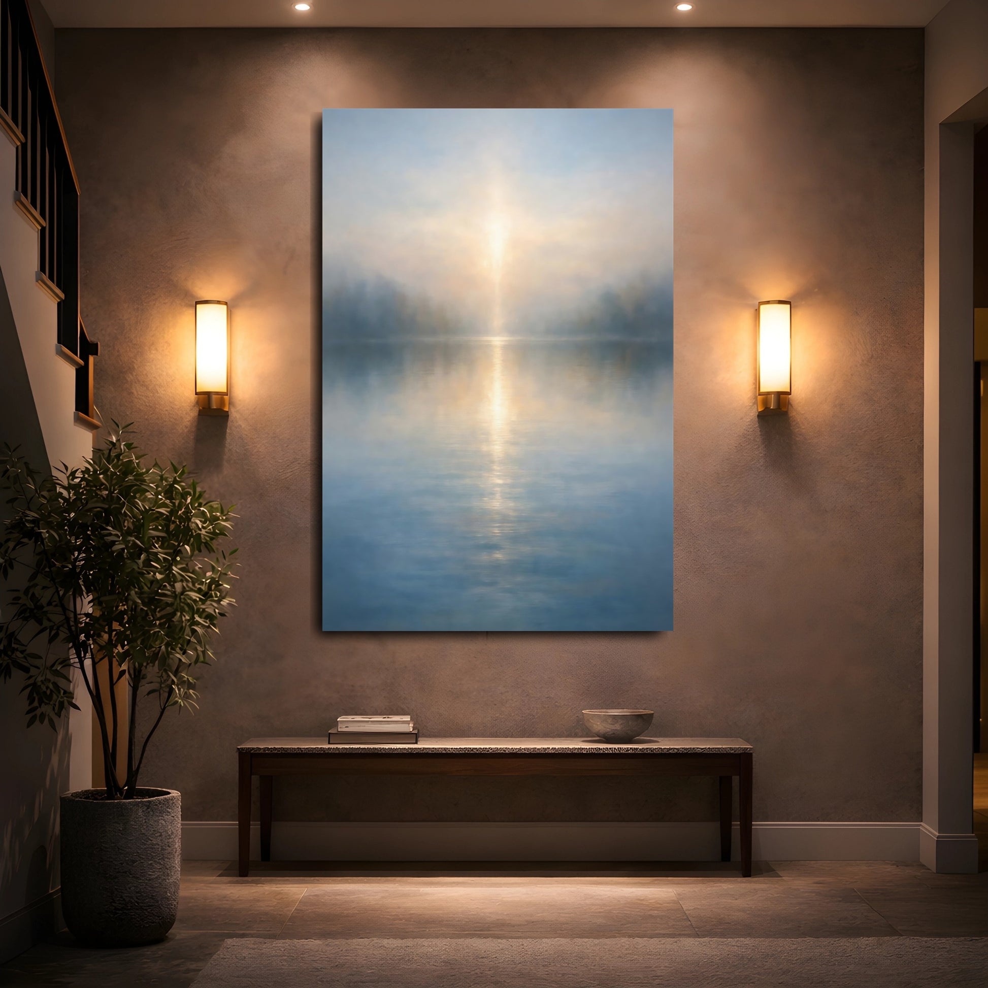 Mockup 4. Nature Misty Lake Misty Lake Sunrise shown as stretched canvas wall art