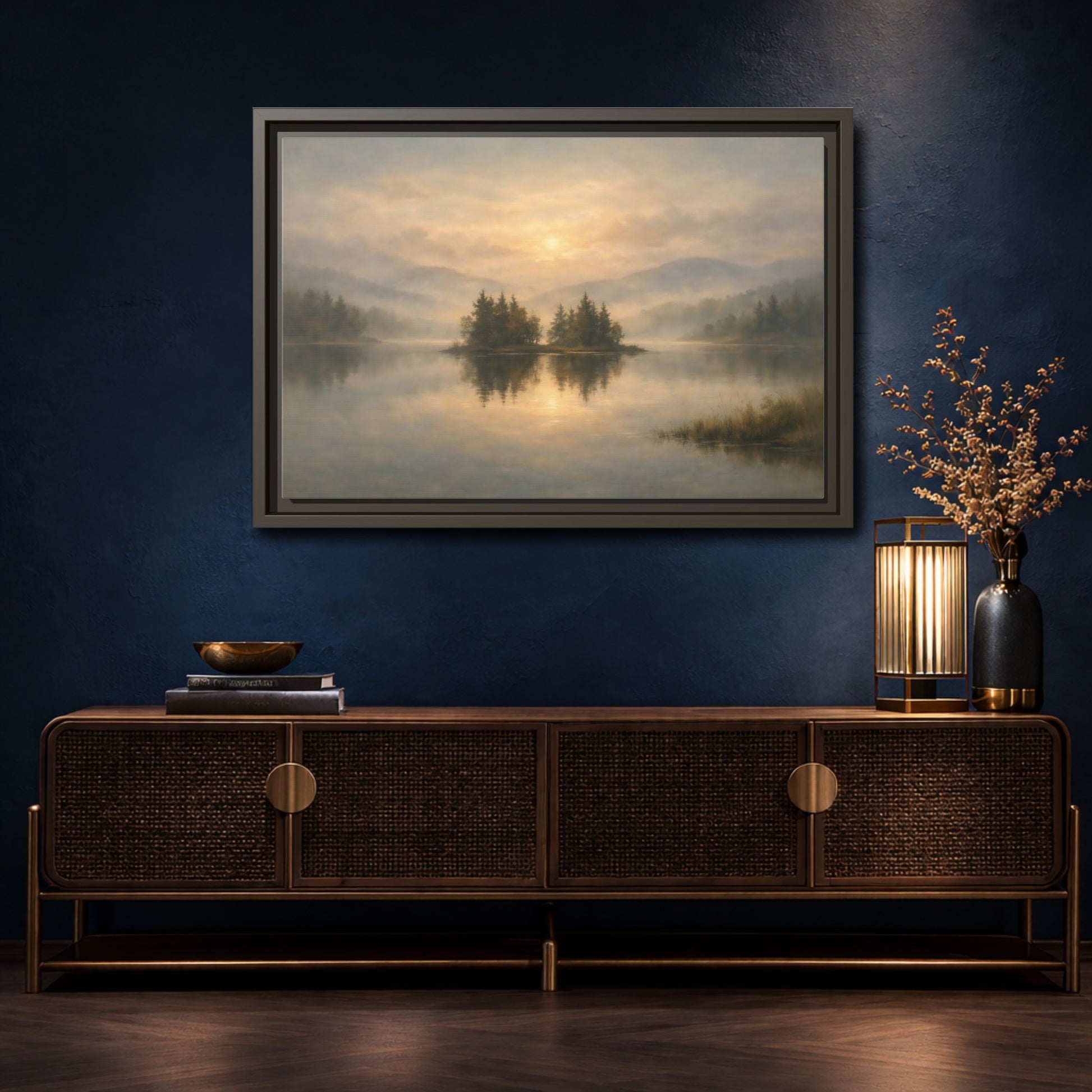 Mockup 4. Nature Misty Lake Misty Lake Sunrise shown as stretched canvas wall art